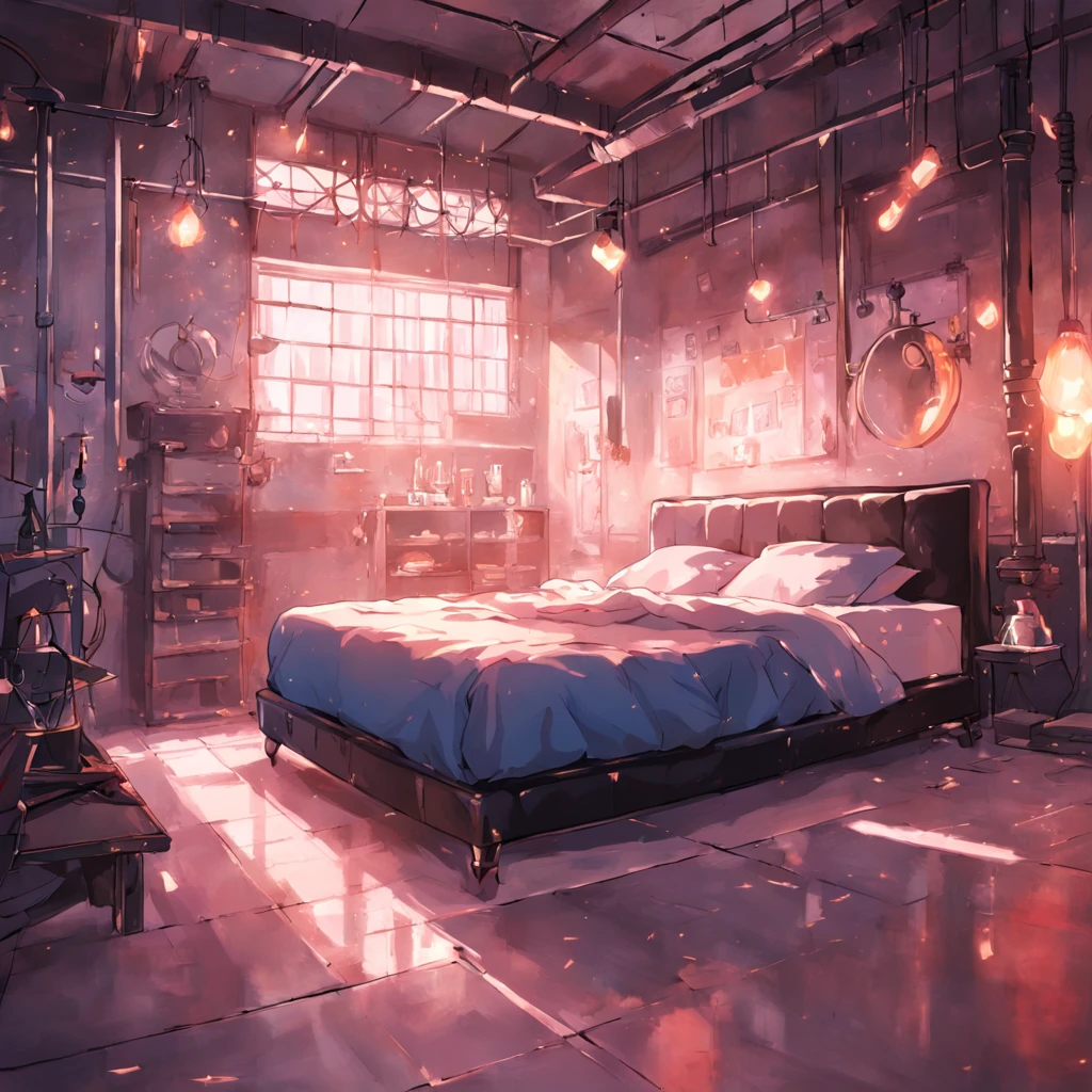 Industrial stylish bedroom，Features a platform bed and metal chandeliers.