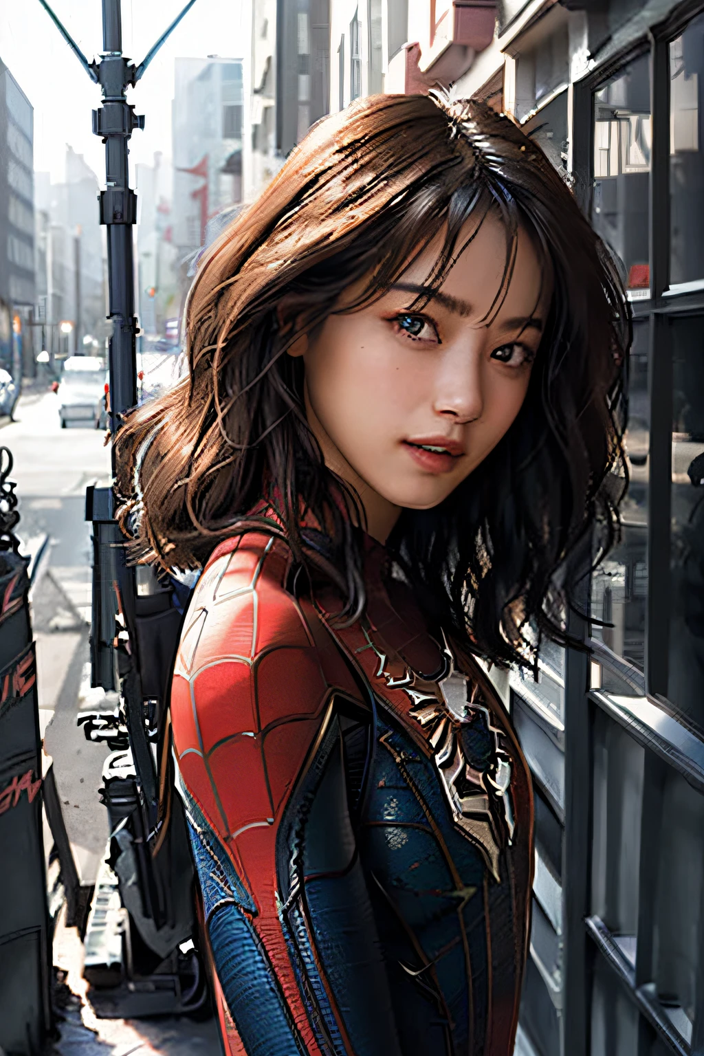 (1girl:1.3), solo, (((extremely detailed face))),(((extremely detailed eyes and face))),beautiful detailed brown eyes, body-parts__, official art, unified 8k wallpaper, super detailed, beautiful and aesthetic, beautiful, masterpiece, best quality, raw, masterpiece, super fine photo, best quality, super high resolution, photorealistic realism, sunlight, full body portrait, amazing beauty,, dynamic pose, delicate face, vibrant eyes, (from the front), (wearing a Spider-man suit:1.3), red and black color scheme, spider, very detailed abandoned warehouse background, Detailed face, detailed complex busy background, messy, gorgeous, milky white, highly detailed skin, realistic skin details, visible pores, sharp focus, volumetric fog, 8k uhd, DSLR, high quality, film grain, fair skin, photo realism, lomography, huge metropolis in future dystopia, seen from below, translucent