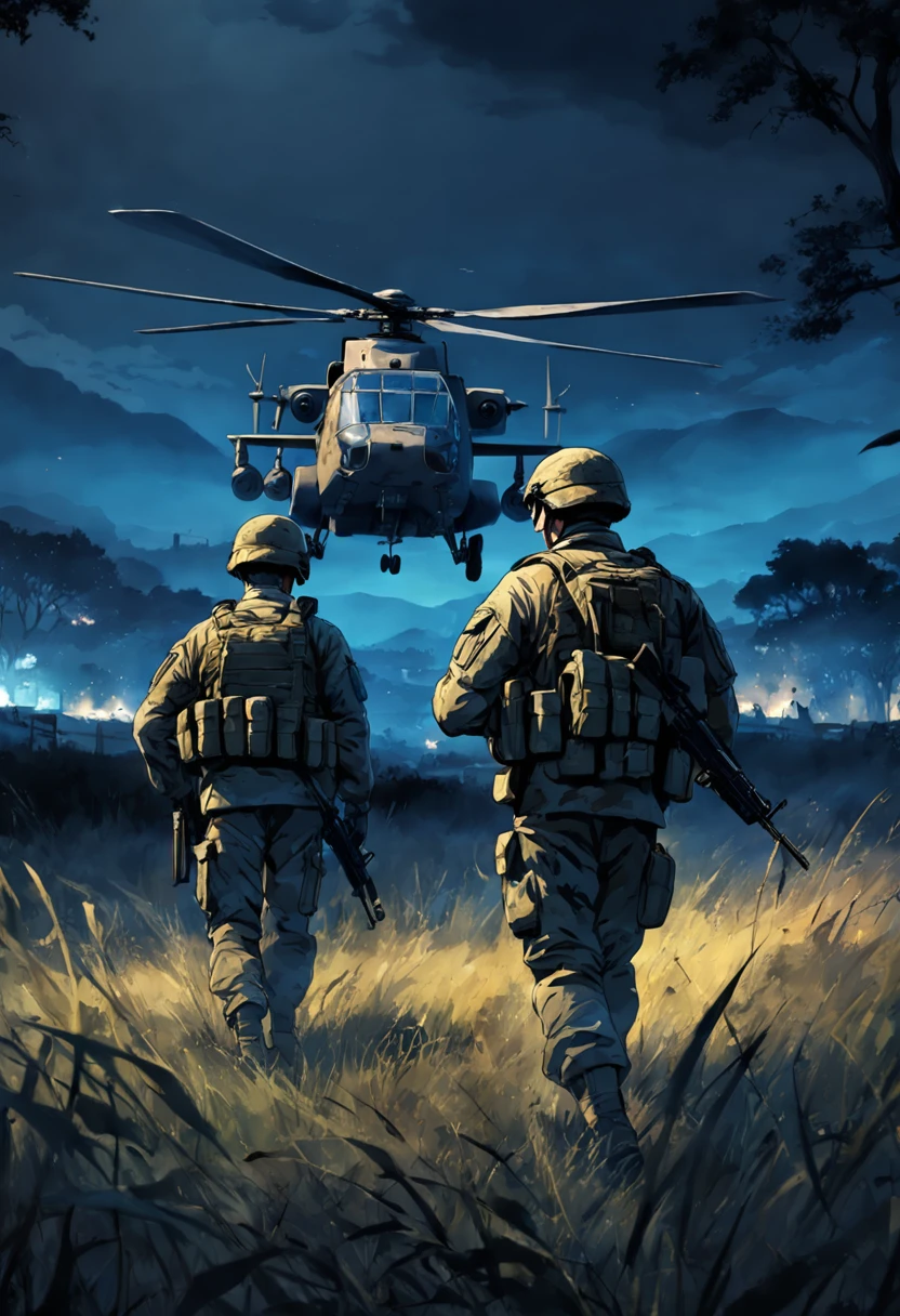 soldiers in camouflage are in a field with a helicopter in the background, night time raid, military art, special forces, hq artwork, soldiers, infantry, award winning concept art, realistic soldiers, military photography, rendering, digital art, digital art, dramatic artwork, french special ops, modern warfare, night vision, cgi rendering, troops searching the area