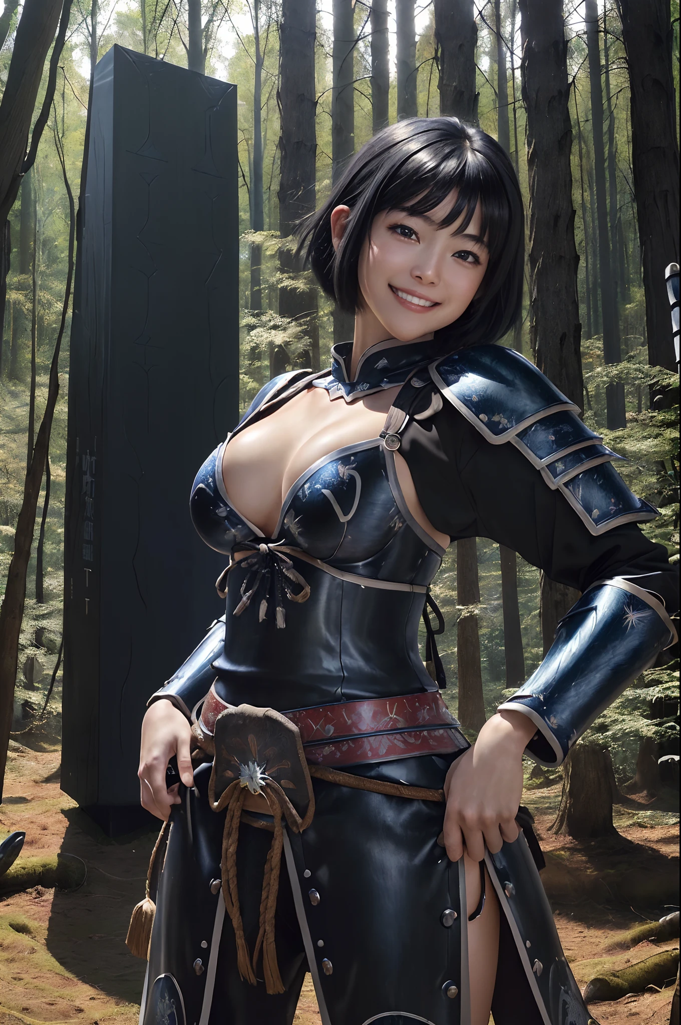 (Raw photography:1.2)、(Photo realistic:1.4)、(masterpiece:1.3)、(top-quality:1.4)、High resolution、(depth of fields)、(Detailed eye)、(detailed facial features)、(detailed clothes features)、HDR、8K、skin tightening、(shinny skin)、landscapes、Majestic、1woman、20years old、Japanese、(short hair:1.4)、(Black hair:1.5)、(Cowboy Shot:1.5)、(Dynamic Pose)、cute little、(Happy smile:1.5)、hanging breasted、sagging breasts、breasts apart、(very revealing Japanese armor:1.4)、(Open chest Japanese armor:1.1)、(deep blue Japanese armor with many decorations:1.5)、(A jet-black monolith standing in the back of the forest:1.5)、