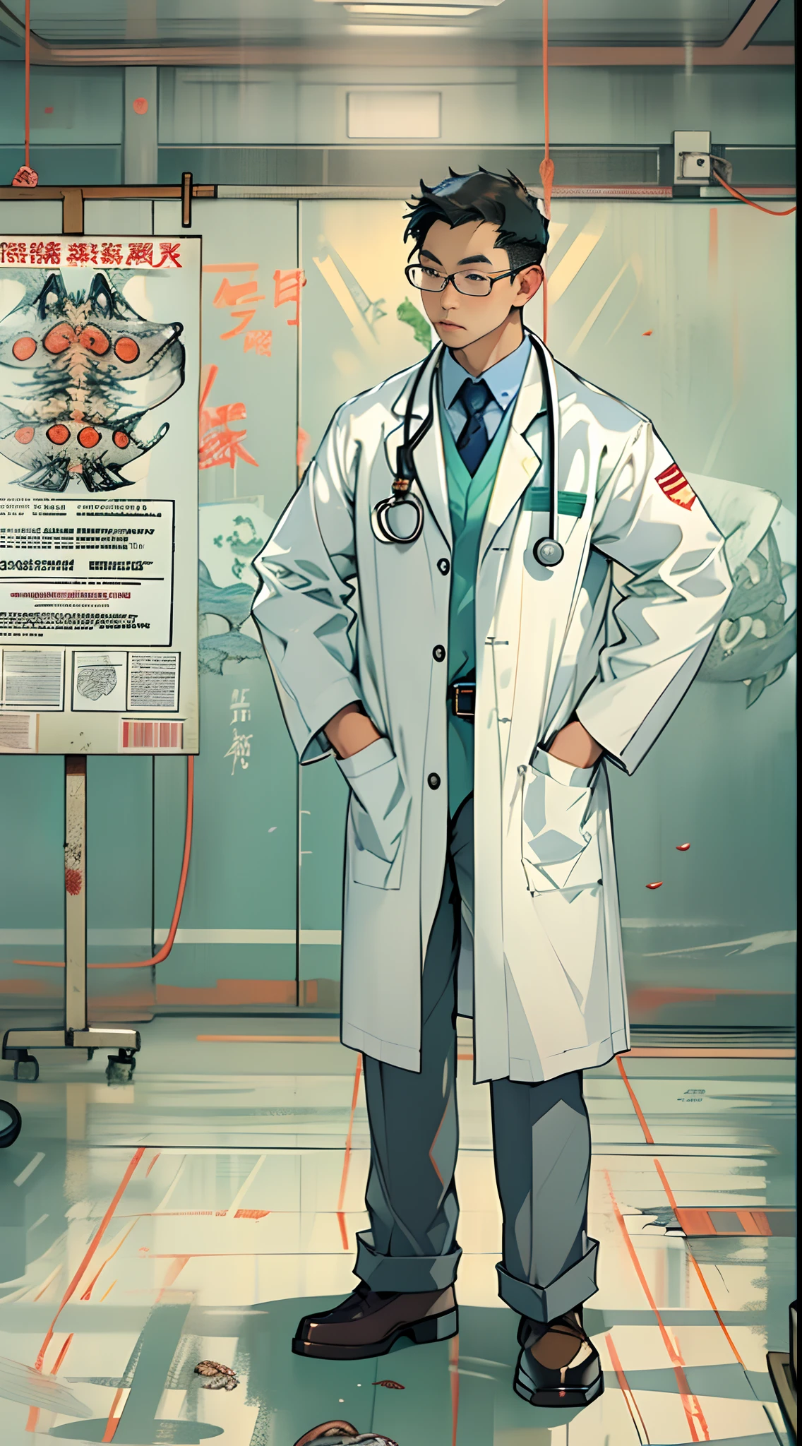 A doctor in a white coat holding a sign that says "Radiation Seafood is Harmful, Say No to Contaminated Seafood" in a hospital corridor, surrounded by posters about the dangers of radiation seafood, ,in the style of the stars art group xing xing, 32k, best quality, masterpiece, super detail, high details