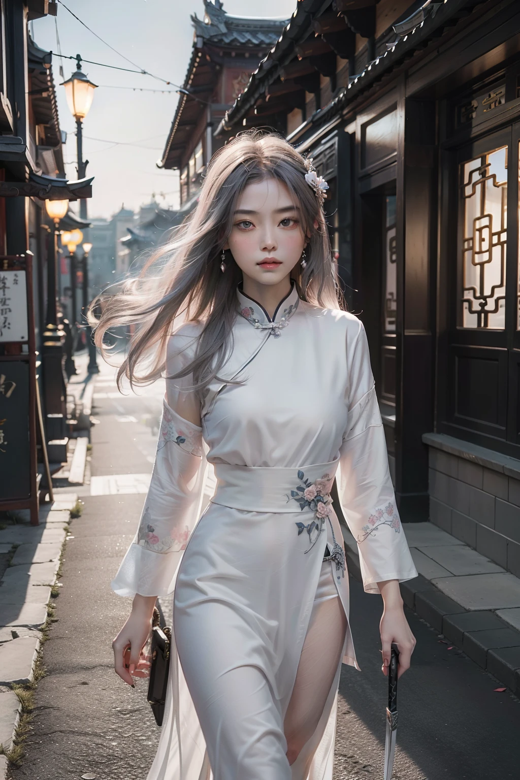 Masterpiece, Best quality, Night, full moon, 1 girl, Mature woman, Chinese style, Ancient China, sister, Royal Sister, Cold expression, Expressionless face, Silver white long haired woman, Light pink lips, calm, Intellectual, tribelt, Gray pupils, assassins, short knife, flower ball background, Stroll through the street view