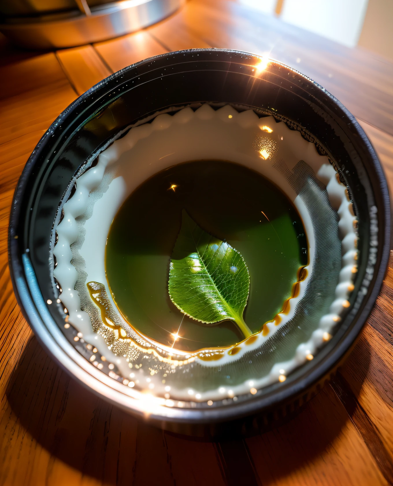 There is a bowl of green liquid with a leaf, Close up de Iwakura Lain, green tea, full of greenish liquid, Loputyn e matcha, Tiro na Nikon Z9, Close Up Iwakura Lain, shot with sony alpha 1 camera, Fotografado com uma lente Canon 20mm, Tiro em Leica SL2