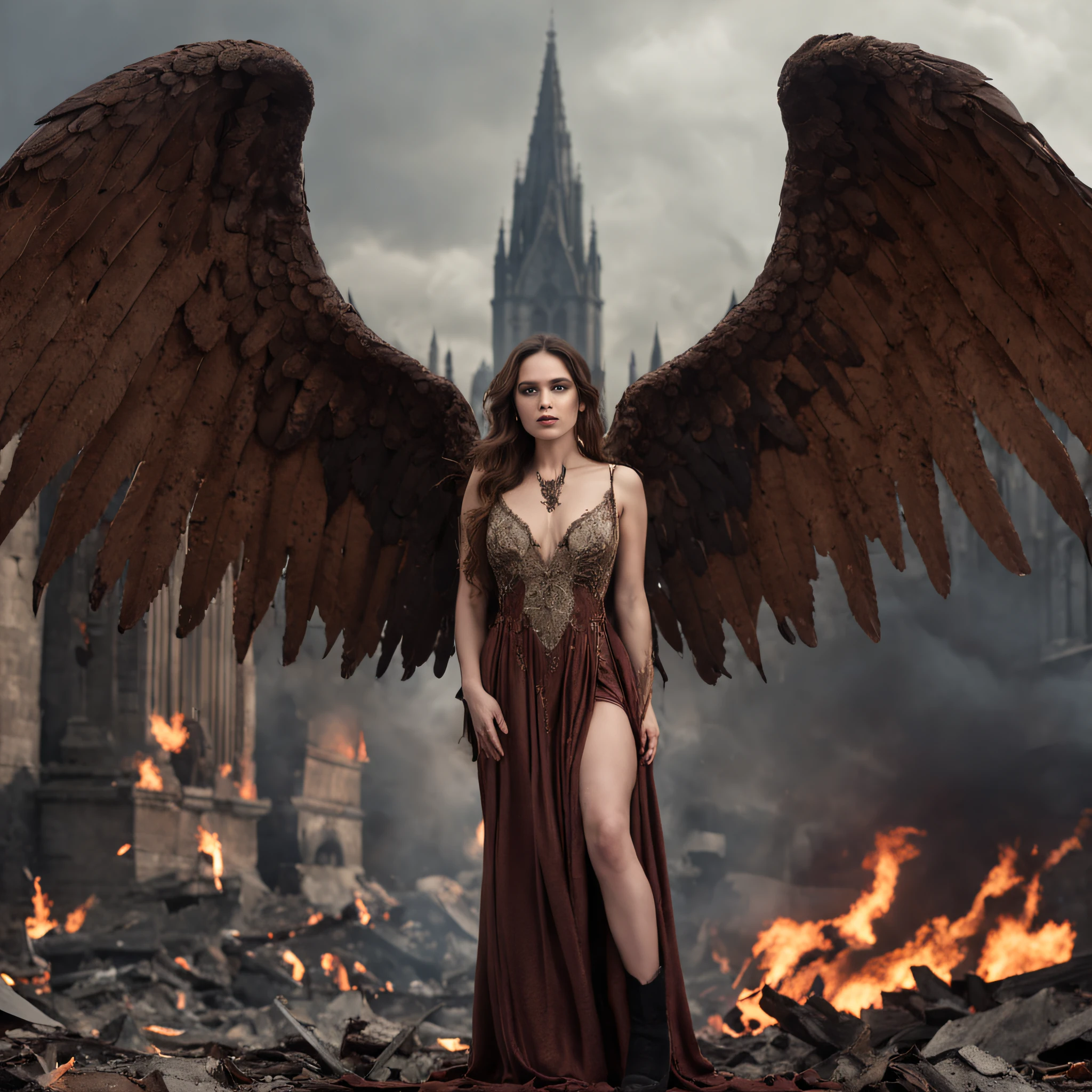 Create an image in a dark and gothic art style depicting a fallen, malevolent angelic goddess with magnificent wings, lying defeated on the ground in the midst of an apocalyptic city consumed by flames and ruins. The composition should focus on the goddess in the foreground, emphasizing her facial expression and wings, while also incorporating a panoramic view that showcases the city's devastated landscape and a stormy sky with distant lightning. Enhance the image with contrasts that highlight the goddess's dual nature, and experiment with lighting effects to create a mysterious aura around her. Integrate subtle details of ruined buildings, reflections of flames in her eyes and wings, swirling smoke, and distant silhouettes of mythical creatures on the horizon. The resolution should be 3000x2000 pixels with a color palette of dark, desaturated tones with intense red and orange accents. Use a mix of textured and soft brushes for intricate details and atmospheric effects. Opt for a slightly low camera angle to emphasize the grandeur of the fallen goddess, and employ soft, diffused lighting from the side to create shadows and highlights. Simulate a wide-angle lens for a panoramic effect, and consider applying a slight grain filter to enhance the gritty atmosphere. Avoid depicting any scenes of hope, revival, or heavenly intervention. Exclude any elements that imply restoration or assistance for the fallen goddess.