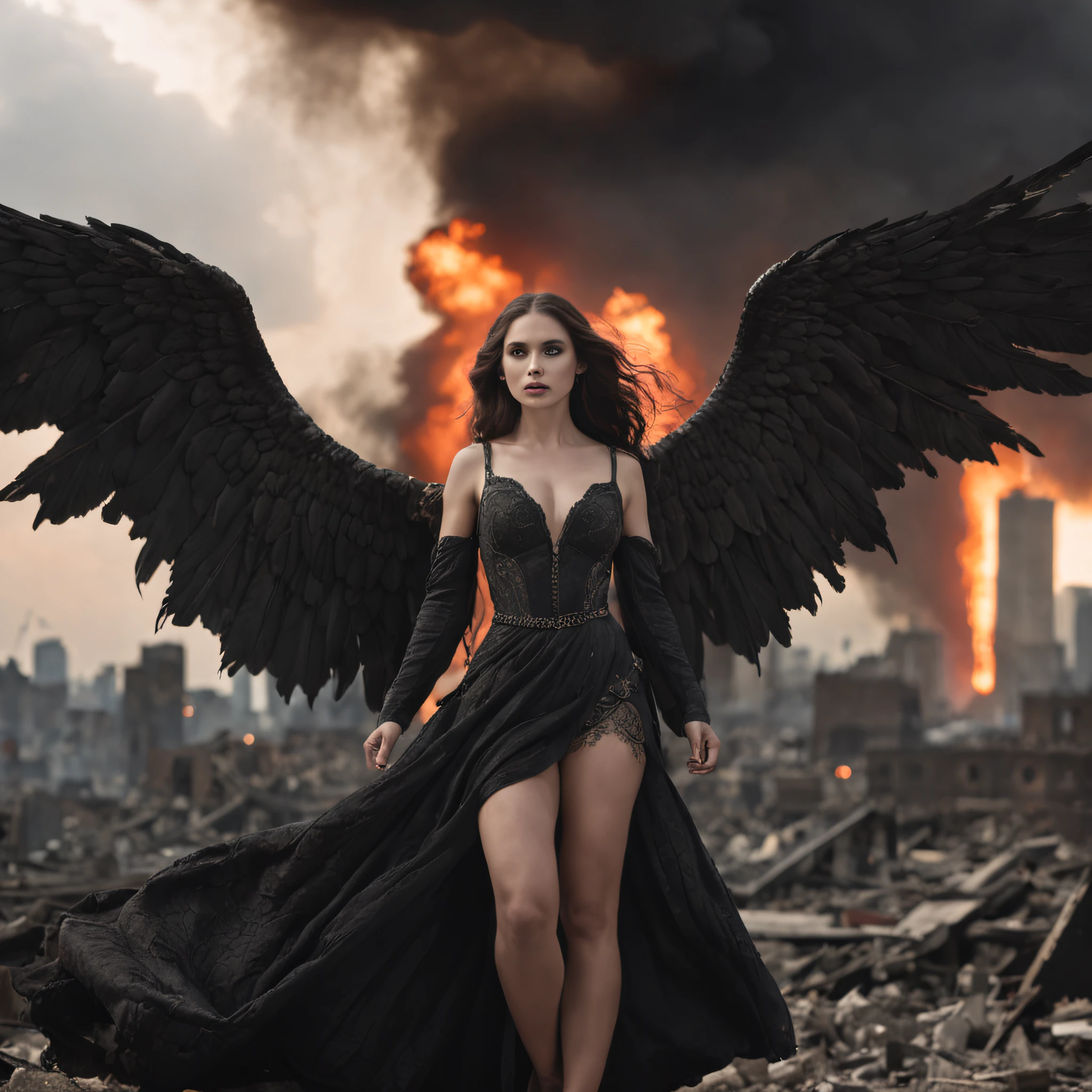 Create an image in a dark and gothic art style depicting a fallen, malevolent angelic goddess with magnificent wings, lying defeated on the ground in the midst of an apocalyptic city consumed by flames and ruins. The composition should focus on the goddess in the foreground, emphasizing her facial expression and wings, while also incorporating a panoramic view that showcases the city's devastated landscape and a stormy sky with distant lightning. Enhance the image with contrasts that highlight the goddess's dual nature, and experiment with lighting effects to create a mysterious aura around her. Integrate subtle details of ruined buildings, reflections of flames in her eyes and wings, swirling smoke, and distant silhouettes of mythical creatures on the horizon. The resolution should be 3000x2000 pixels with a color palette of dark, desaturated tones with intense red and orange accents. Use a mix of textured and soft brushes for intricate details and atmospheric effects. Opt for a slightly low camera angle to emphasize the grandeur of the fallen goddess, and employ soft, diffused lighting from the side to create shadows and highlights. Simulate a wide-angle lens for a panoramic effect, and consider applying a slight grain filter to enhance the gritty atmosphere. Avoid depicting any scenes of hope, revival, or heavenly intervention. Exclude any elements that imply restoration or assistance for the fallen goddess.