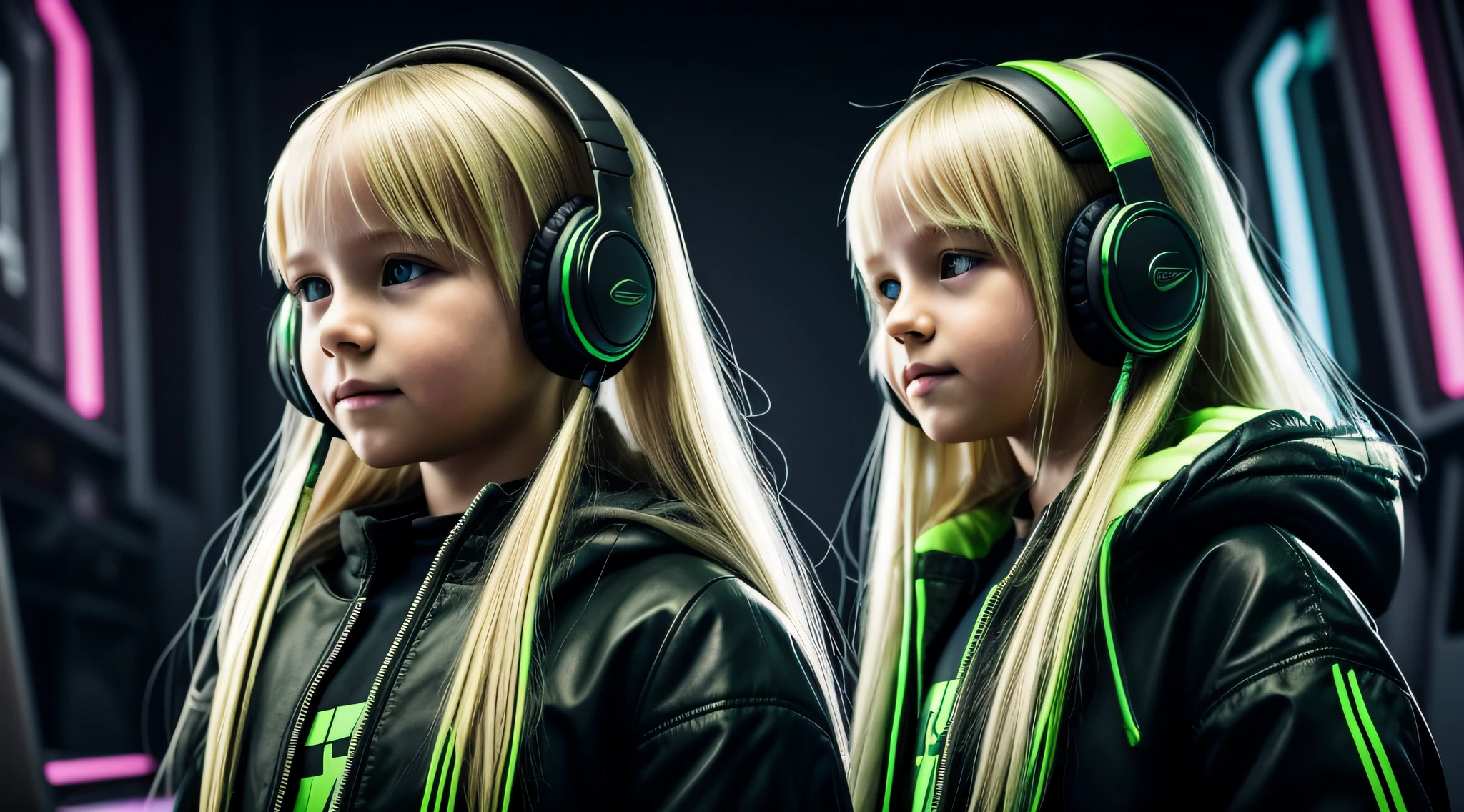 Russian child girl BLONDE hair long straight, Put on a headset and change into a cyberpunk green coat, but don't change your face, fundo cinza.