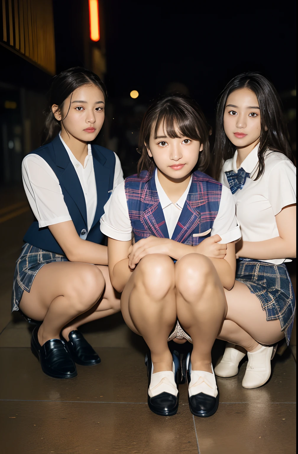 (8K、Raw photography、top-quality、masterpiece:1.2、realisitic、Photorealsitic、highcontrast、photon maping、photon maping、Photorealsitic、ultra-detailliert、profetional lighting、low angles:1.2)、(1 girl in)、(独奏:1.5)、(full body Esbian)、(Height is 165 cm)、(-yeld sc(light-brown long hair,、sun burn、Ganguro, Brown skin: 1.2)、(Shinjuku at night Japan)、(Sidewalk lined with shops)、(Japan high school uniform and designated shoes)、(Dark blue blazer:1.2)、(short plaid skirt:1.5)、(White shirt for students)、 (neck tie:0.6)、(Looking at the front and squatting with the crotch open)、(Uniform taken off to the shoulders、Fluttering chest、Exposed beige bra: 1.7)、(Skirt flipping)、(MCharacter opening leg)、(100 degree leg opening)、(crotch open:1.2)、(See-through wet white panties:1.5)、(cammel toe)、(Black loafers:1.5)、(beauitful face:1.3)、(perfectly proportions:1.2)、(Long feet:1.2)、(small tits:1.3)、(Panties can be seen from under the skirt:1.3)、(woman's pubic area is clearly visible:1.4)、(Have pubic hair:1.4)、(witheout panties:1.2)、(Textured skin)