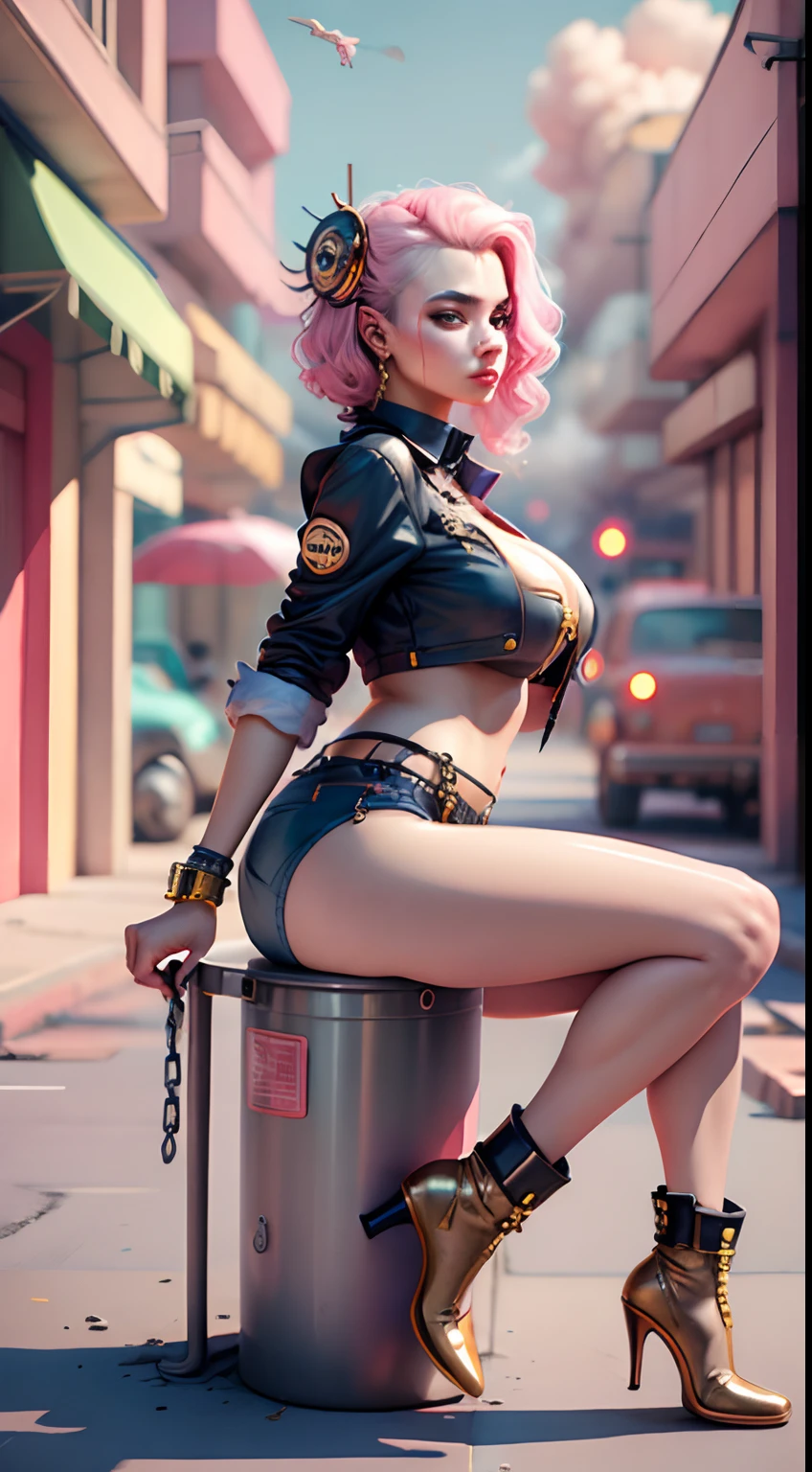 There's a sexzy indian 1woman with a steam-powered dusky skin, with big boobs,Royal look, arte conceitual street punk, sexzy full body view top to bottom, sitting in ass view turnung viewing camera helicopter ,fog background,arte street punk digital, arte street punk urban city area, Wojtek FUS, arte digital steampunk, detailed wild steampunk illustration, Portrait of a gold and copper chained woman, arte street punk, estilo de arte dieselpunk, cyberpunk street punk, estilo de fantasia street punk, Arte digital altamente detalhada em 4k, sci-fi street punk