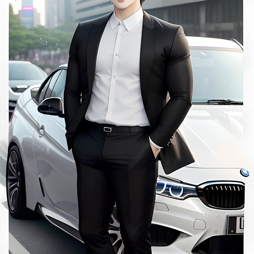 beutiful , Korean guy Park Jimin from the BTS group , Jimin , with black hair , Brown eyes , with plump lips , with an inflated body , wearing white shirt , in black trousers , smiling standing near a BMW car in Seoul