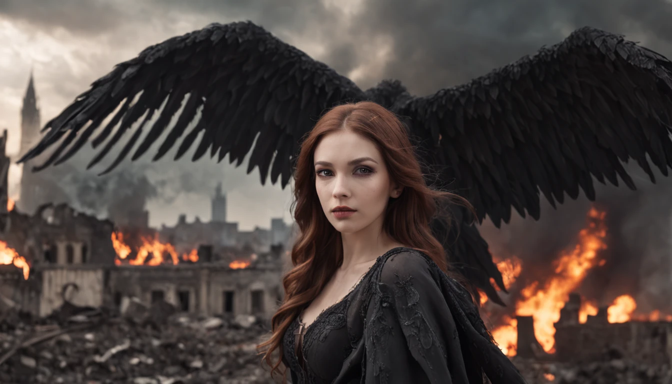 Create an image in a dark and gothic art style depicting a fallen, malevolent angelic goddess with magnificent wings, lying defeated on the ground in the midst of an apocalyptic city consumed by flames and ruins. The composition should focus on the goddess in the foreground, emphasizing her facial expression and wings, while also incorporating a panoramic view that showcases the city's devastated landscape and a stormy sky with distant lightning. Enhance the image with contrasts that highlight the goddess's dual nature, and experiment with lighting effects to create a mysterious aura around her. Integrate subtle details of ruined buildings, reflections of flames in her eyes and wings, swirling smoke, and distant silhouettes of mythical creatures on the horizon. The resolution should be 3000x2000 pixels with a color palette of dark, desaturated tones with intense red and orange accents. Use a mix of textured and soft brushes for intricate details and atmospheric effects. Opt for a slightly low camera angle to emphasize the grandeur of the fallen goddess, and employ soft, diffused lighting from the side to create shadows and highlights. Simulate a wide-angle lens for a panoramic effect, and consider applying a slight grain filter to enhance the gritty atmosphere. Avoid depicting any scenes of hope, revival, or heavenly intervention. Exclude any elements that imply restoration or assistance for the fallen goddess.