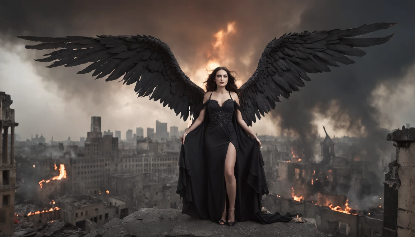 Create an image in a dark and gothic art style depicting a fallen, malevolent angelic goddess with magnificent wings, lying defeated on the ground in the midst of an apocalyptic city consumed by flames and ruins. The composition should focus on the goddess in the foreground, emphasizing her facial expression and wings, while also incorporating a panoramic view that showcases the city's devastated landscape and a stormy sky with distant lightning. Enhance the image with contrasts that highlight the goddess's dual nature, and experiment with lighting effects to create a mysterious aura around her. Integrate subtle details of ruined buildings, reflections of flames in her eyes and wings, swirling smoke, and distant silhouettes of mythical creatures on the horizon. The resolution should be 3000x2000 pixels with a color palette of dark, desaturated tones with intense red and orange accents. Use a mix of textured and soft brushes for intricate details and atmospheric effects. Opt for a slightly low camera angle to emphasize the grandeur of the fallen goddess, and employ soft, diffused lighting from the side to create shadows and highlights. Simulate a wide-angle lens for a panoramic effect, and consider applying a slight grain filter to enhance the gritty atmosphere. Avoid depicting any scenes of hope, revival, or heavenly intervention. Exclude any elements that imply restoration or assistance for the fallen goddess.