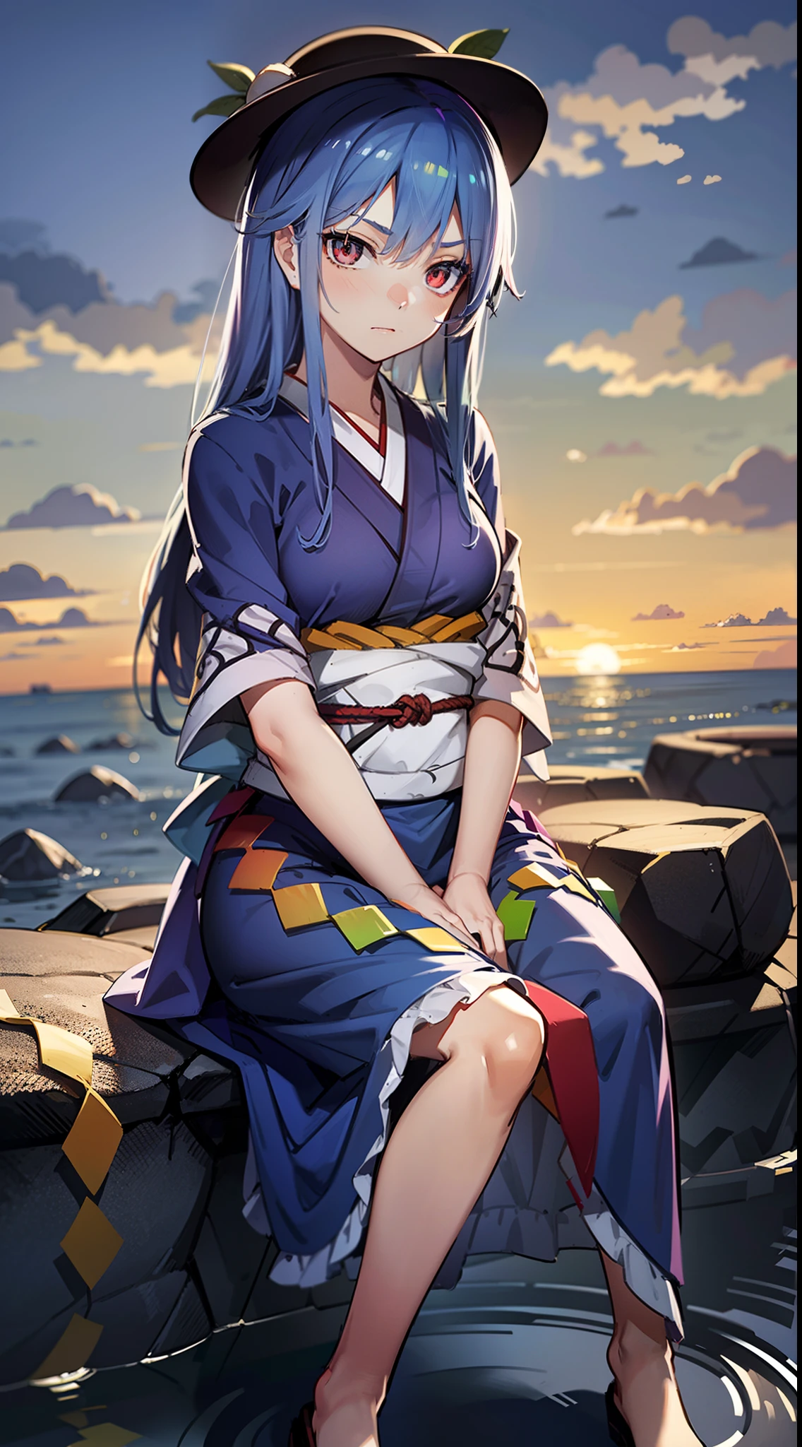 Japanese anime wallpaper 8K,Golden ratio composition,HighestQuali,wide angles,Ancient,Natural,((touhou project)),((((1girl))))),Hinanawi Tenshi,,red pupils,Clear and bright eyes,slender figures,skin is soft and smooth,celestial realm,daytime,Clouds,Sitting proudly on the stone,luz eenvolvente,Soft lighting,Clear facial features,The human body is structurally correct,The hands are clear and correct,The costumes of the characters are clear and correct,The details are complete and clear