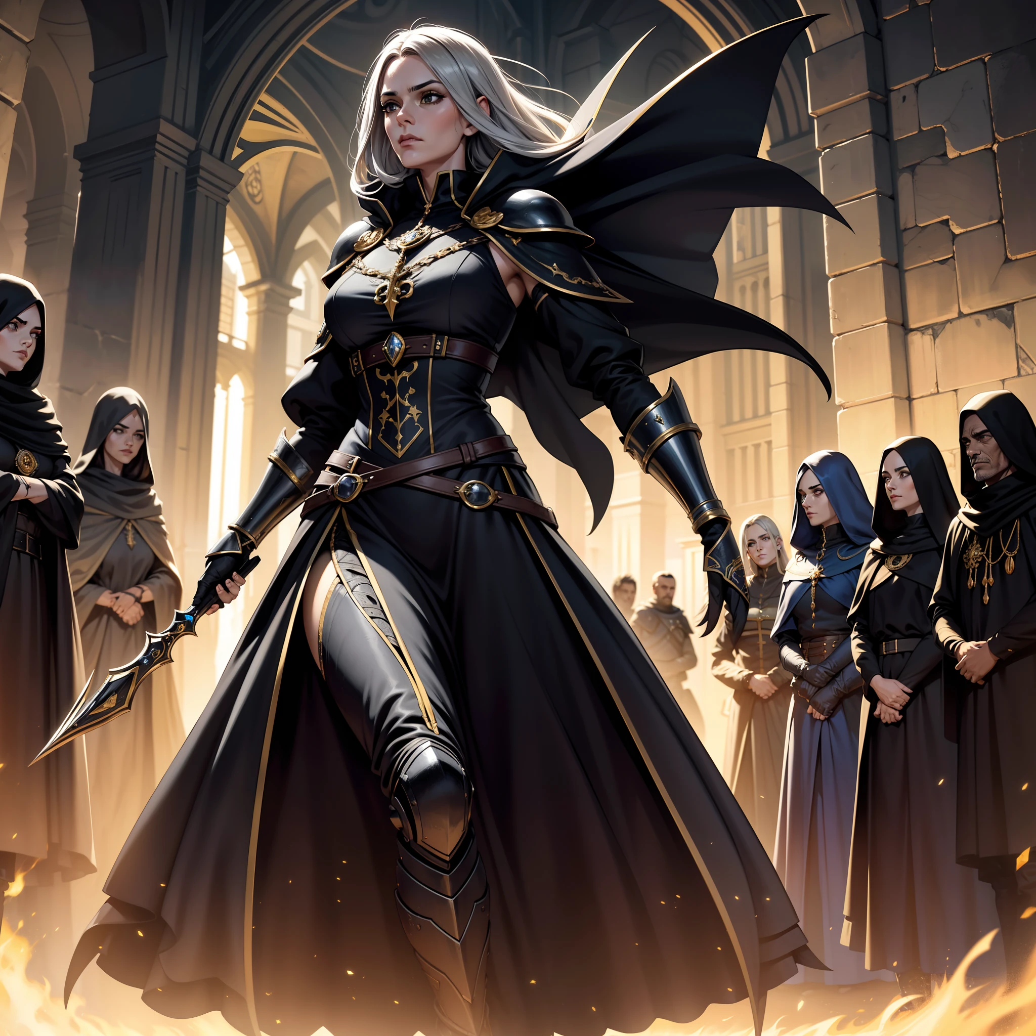 Uma personagem feminina maga, cabelos longo preto, Black and gold Gothic armor, Correntes, capuz, manto, portal, Magnificent, crowd, Cidade medieval, Walking in front of the armies of hooded mages, portal, armadura com detalhes arcanos