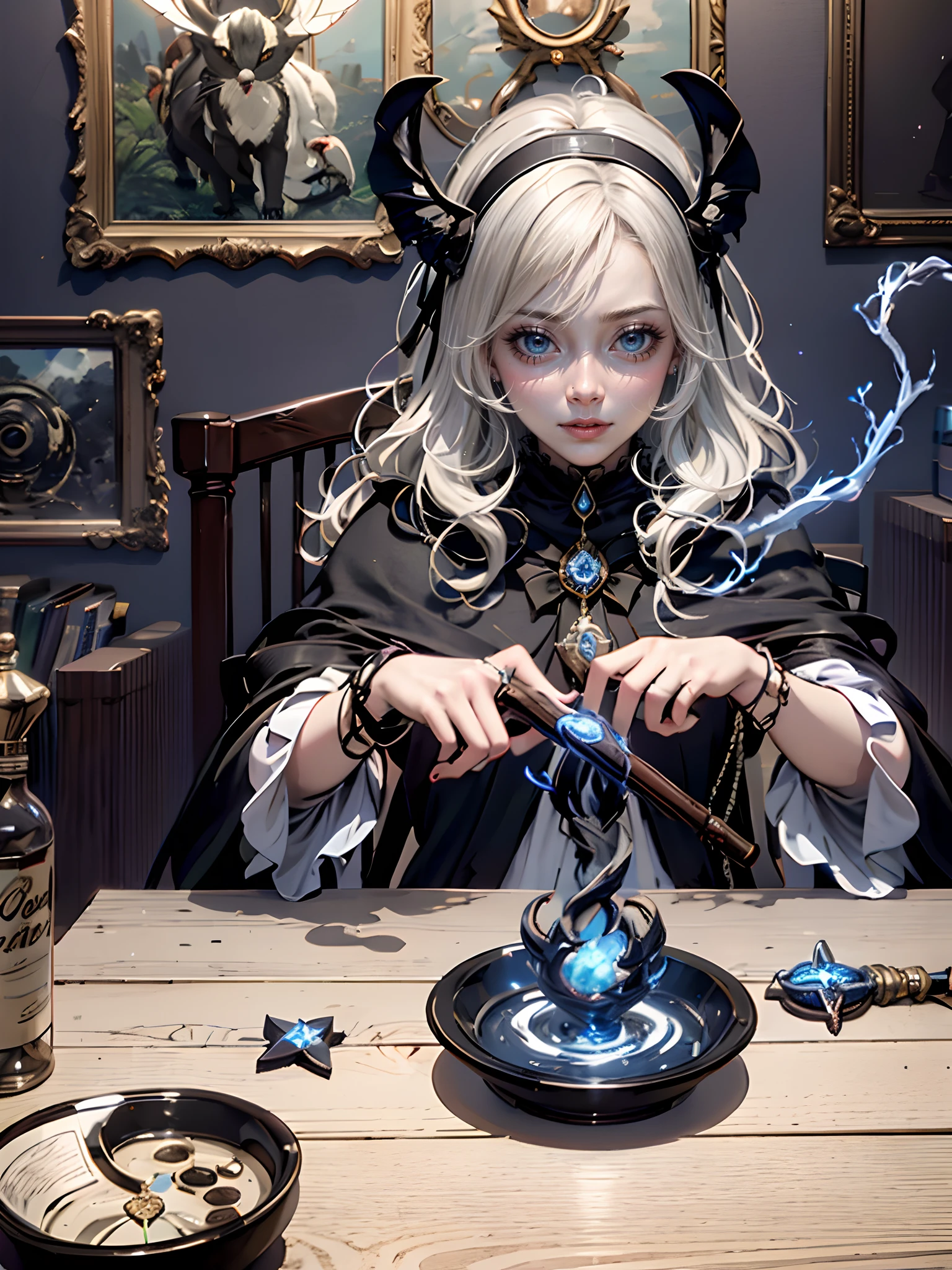 (Very detailed 8k wallpapers), Master masterpieces，HighestQuali，sorceress woman，Divination，cawing ravens，black cats，Wide wizard robes，Wizard staff table，Spooky conversation，Breath of death，Mysterious rituals，Mysterious stars，rays of moonlight，Bright magic, pentacle, Magic Circles, spark of light, iintricate, mistic，unbeknown，A highly detailed, Dramatic，detailed detail，Correct anatomy，
