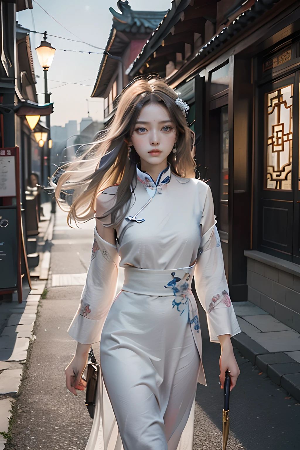 Masterpiece, Best quality, Night, full moon, 1 girl, Mature woman, Chinese style, Ancient China, sister, Royal Sister, Cold expression, Expressionless face, Silver white long haired woman, Light pink lips, calm, Intellectual, tribelt, Gray pupils, assassins, short knife, flower ball background, Stroll through the street view