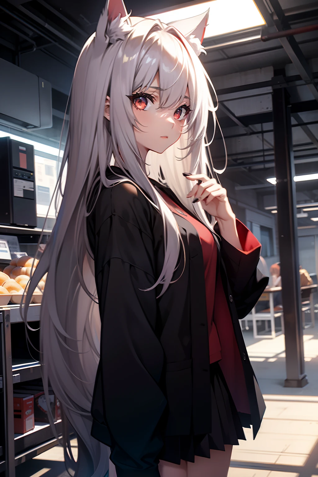 A girl with long hair naked cat ears,The eyes are red,Wearing a black shirt,Black pleated skirt