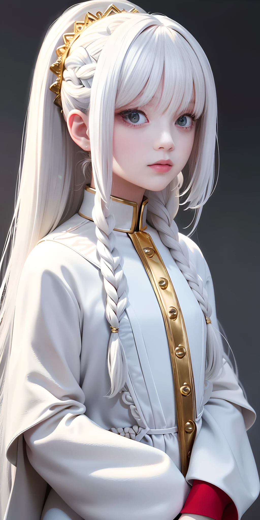 best quality, masterpiece,white hair, gold eyes,white clothes, looking up, upper body,hair strand,Fair skin,side braids