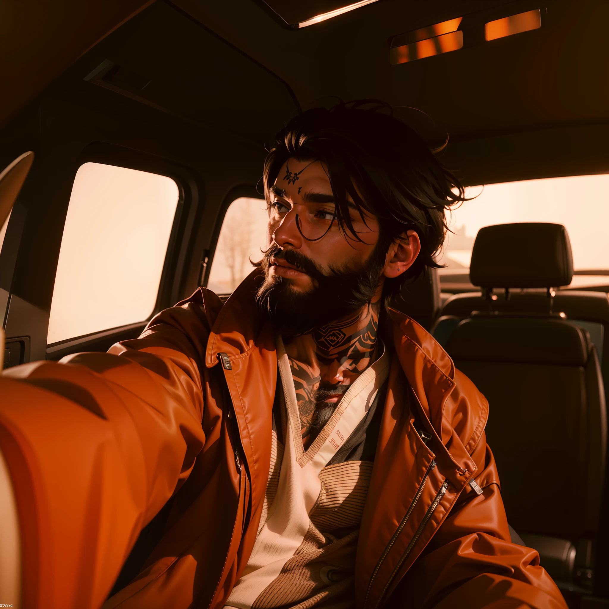 Selfie, man in his car, Toyota RAV4, nice straight hair, neck tattoo, big beard, handsome. Octane render, concept 3d art, epic character art, unreal engine 5, ray tracing, dynamic illumination.