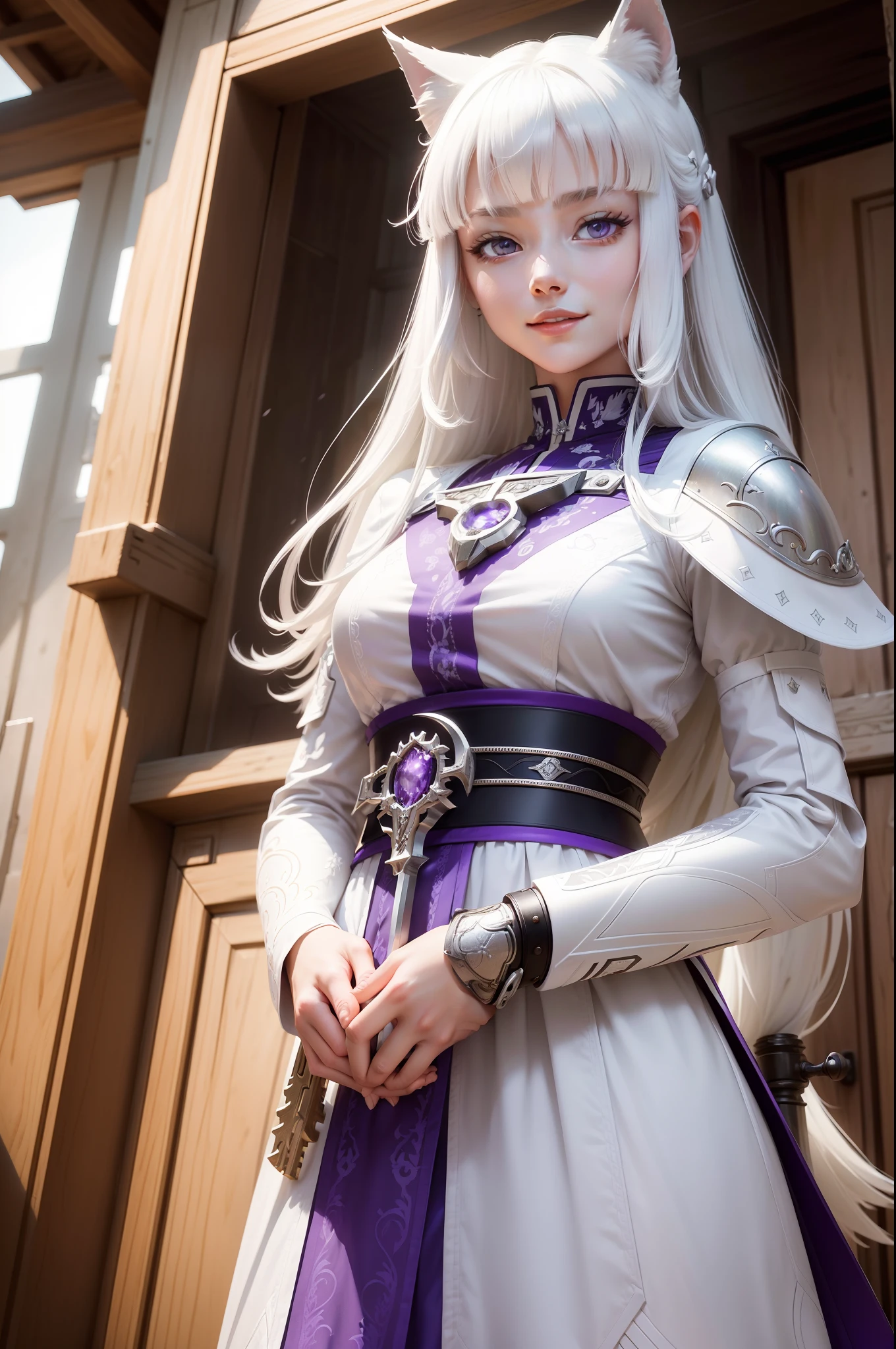 Bright and refreshing space、White is the key.、Smiling kindly、peaceful、Tiere、Not a person、unmanned、in woods、Red crow、cyborgs、Metal Wolf、Have a beautiful sword、Shining purple eyes、1bolt、(intricate-detail)、nffsw、(intricate-detail、ultra-detailliert:1.2)、Cinematic shots、vignettes、central
