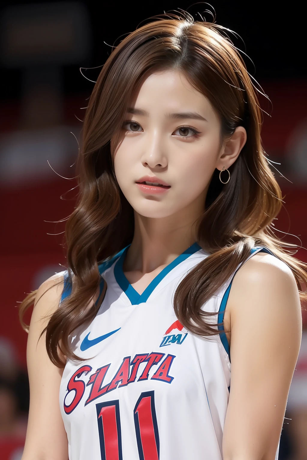 During the match、While playing、Indian、(RAW Photography、4k、masterpiece、hight resolution、very intricate)(realisitic:1.4)、Movie Lighting Delicate girl with facial features 1 girl、single focus、huge tit、cleavage of the breast)、(top-quality)、(Hi-Res)、(extremely delicate and beautiful)、、(Beautiful 8k face)、(brown-eyed)、(ulzzang-6500:1.0)、(独奏)、(Watching side)、(audience)、(huge tit)、(NBA)、Stooping、、Lookside、(side)、、(Basketball sportswear)、((playing basketball))、((Gymnasium))、((speedo))、(现实)、