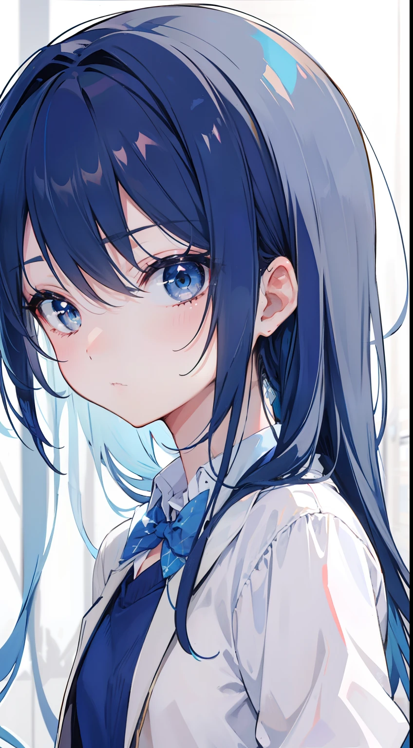 A girl, dark blue hair and bright blue eyes, flowing, long hair, wearing casual suit, moe, cute, chubby