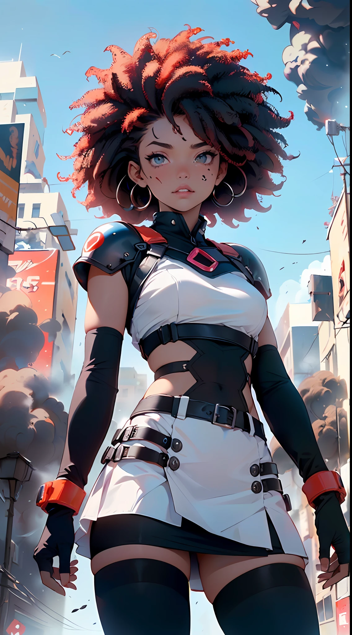Chica spacepunk,(((1girl))),((linda y hermosa chica de cabello afro)),((((raza negra)))),
(senos grandes:1.4),Saggy breasts,((((Cabello afro negro:1.35,((cabello afro:1.35)),Afrohair,afro:1.35,Cabello OSCURO,cabello negro,)))),cabello mediano,((heterochromia:1.5,ojo1 naranja,ojo2 rojo,ojos perfectos,Ojos volteados hacia arriba:1.3,hermosos ojos detallados,Hermosos ojos finamente detallados:1,Gran punto culminante en los ojos:1.2)),((gordo)),((((tan,dark skin,piel negra:1.35,moreno_hembra,dark skin:1.3,ebony skin,Piel lustrosa:1.5,piel brillante: 1.5,piel brillante,piel muy brillante,cuerpo brillante,piel iluminada,piernas mojadas)))),(spider lower abdomen,cintura estrecha,cadera ancha,atletic body,piernas infladas,Dedos delicados y detallados),((La mano consiste en un pulgar corto y cuatro dedos,mano con solo cinco dedos,(Cara detallada))),
Lindo,guarra,Sensual,mirada seductora,seductor,erotic,encantador,(((NSFW))),
Zettai Ryouiki,Ropa reveladora,Mostrar piel,(wearing a mechanical space body armor:1.3,Micro Bikini,piernas desnudas,un brazo blindado),((ropa mojada,red mini skirt Traje detallado,Ropa detallada)),
(dynamic pose:1.0),Enfoque en solitario,avergonzado,(centrado,Escala para ajustarse a las dimensiones,Regla de los tercios),
((((burning city buildings fire)))),cielo tormentoso,cielo amenazante,nubes oscuras,((Tema de fondo synthwave,Antecedentes detallados : 1.25)),((((Noche,Nice lighting decorations,Arquitectura detallada)))),
(La mejor calidad,High resolution,foco nítido,Ultra detallado,extremadamente detallado,Ilustraciones de muy alta calidad,(realista,fotorrealista:1.37),8k_papel tapiz,(CG 8k extremadamente detallado),(muy fino 8K CG),((Hyper super ultra detallado pieza perfecta)),impecable,(((Obra maestra))),illustration,colores vibrantes,(intrincado),alto contraste,Selective lighting,Doubleexposure,HDR (High Dymanic Range),Post-procesamiento,Desenfoque de fondo,