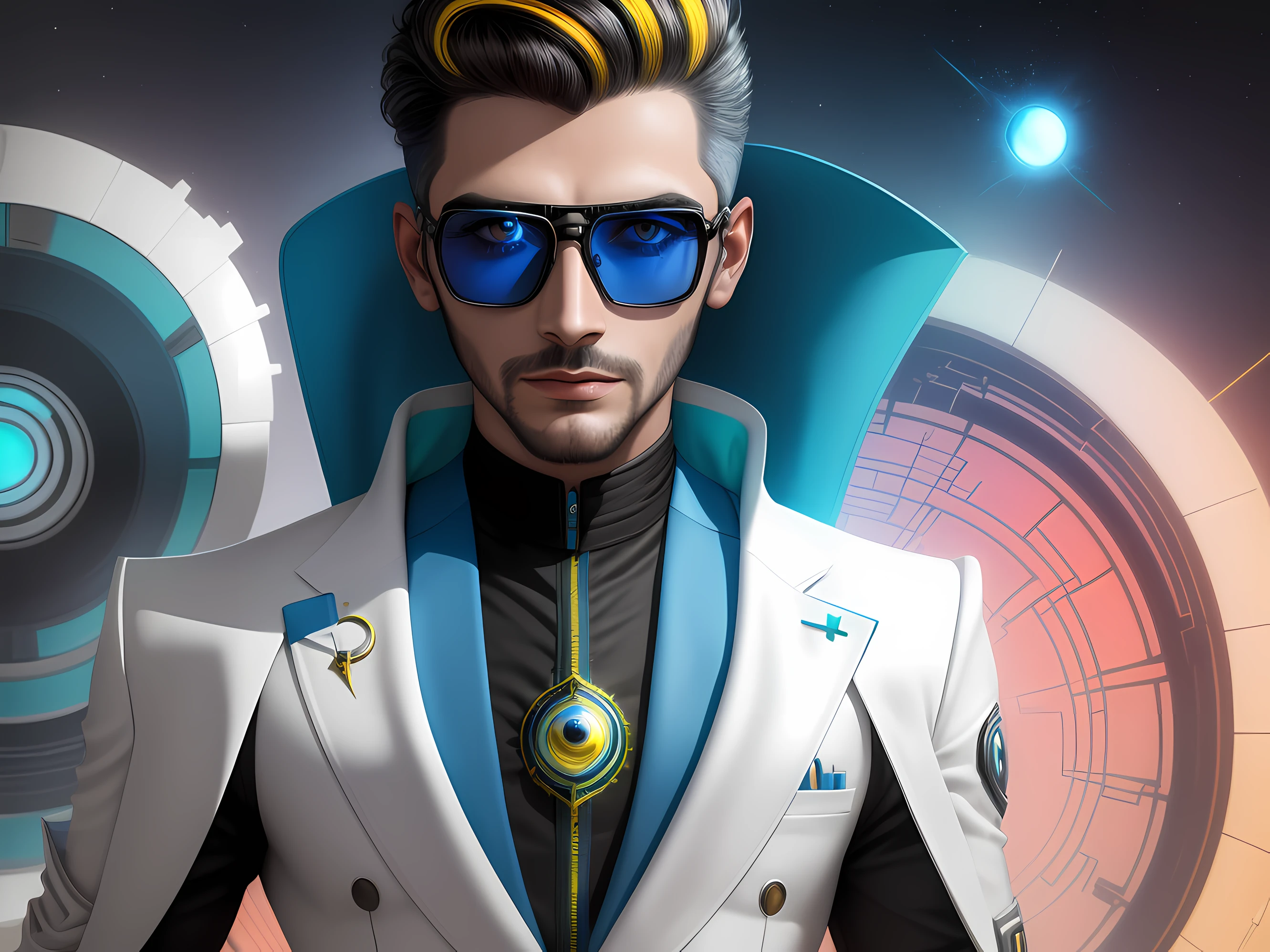 Um homem com traje futurista, de oculos brilhante, com bone de baiseball colorido, autoretrato realista, Perfect appearance, detalhes intrincados realista, em fundo com raios em cores vivas abstrato.