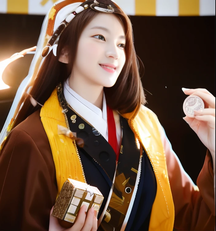 Smiling woman with brown hair holding coin and small box