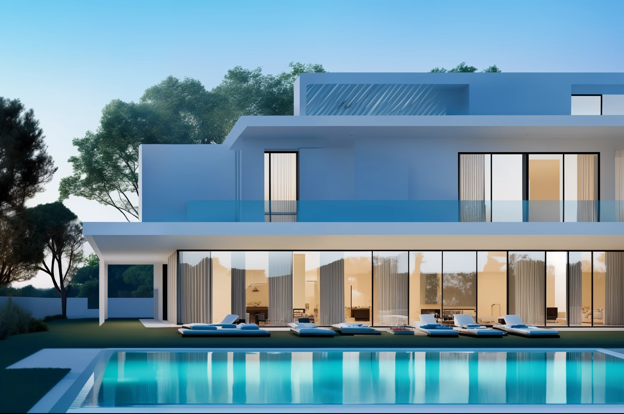 arafed view of a modern house with a pool and lounge chairs, a digital rendering by Seb McKinnon, shutterstock, conceptual art, modern house, modern architecture design, luxury architecture, contemporary house, modern architecture, modern design, modern minimal design, ultra modern, large modern residence, modern setting, futuristic house,  luxury lifestyle, contemporary design