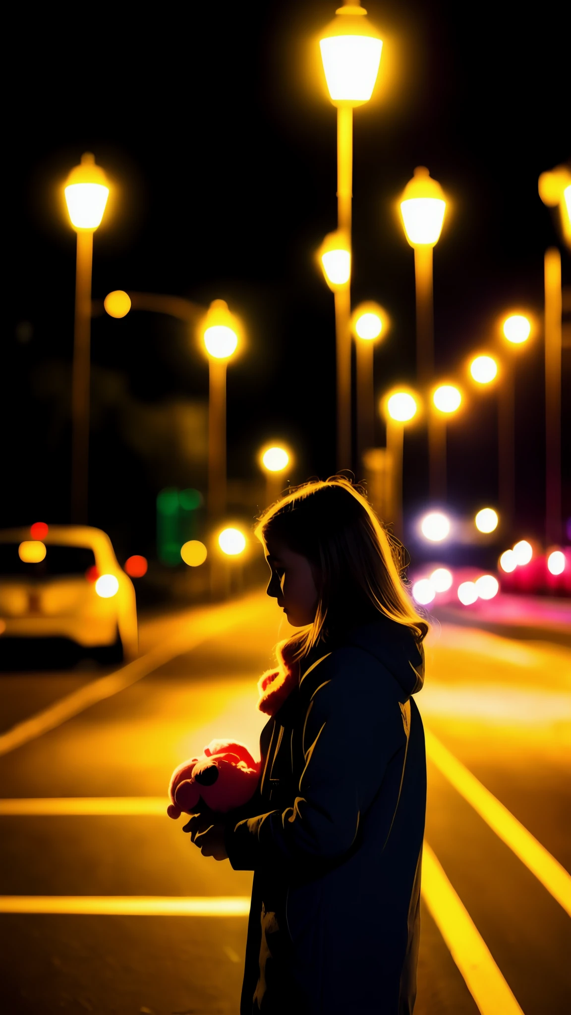 Sideways photo,Warm colors
At night, A young girl in a winter suit holds a doll in her hand
She stood under a streetlamp on the side of the road,Look up at the streetlight,The faint glow of the street lamp illuminated the girl,It was as if it were the light of redemption in the darkness
Beside him is the blurred back of the city,The noise of cars on the side of the road and the glow of neon lights reflect the loneliness of the girl