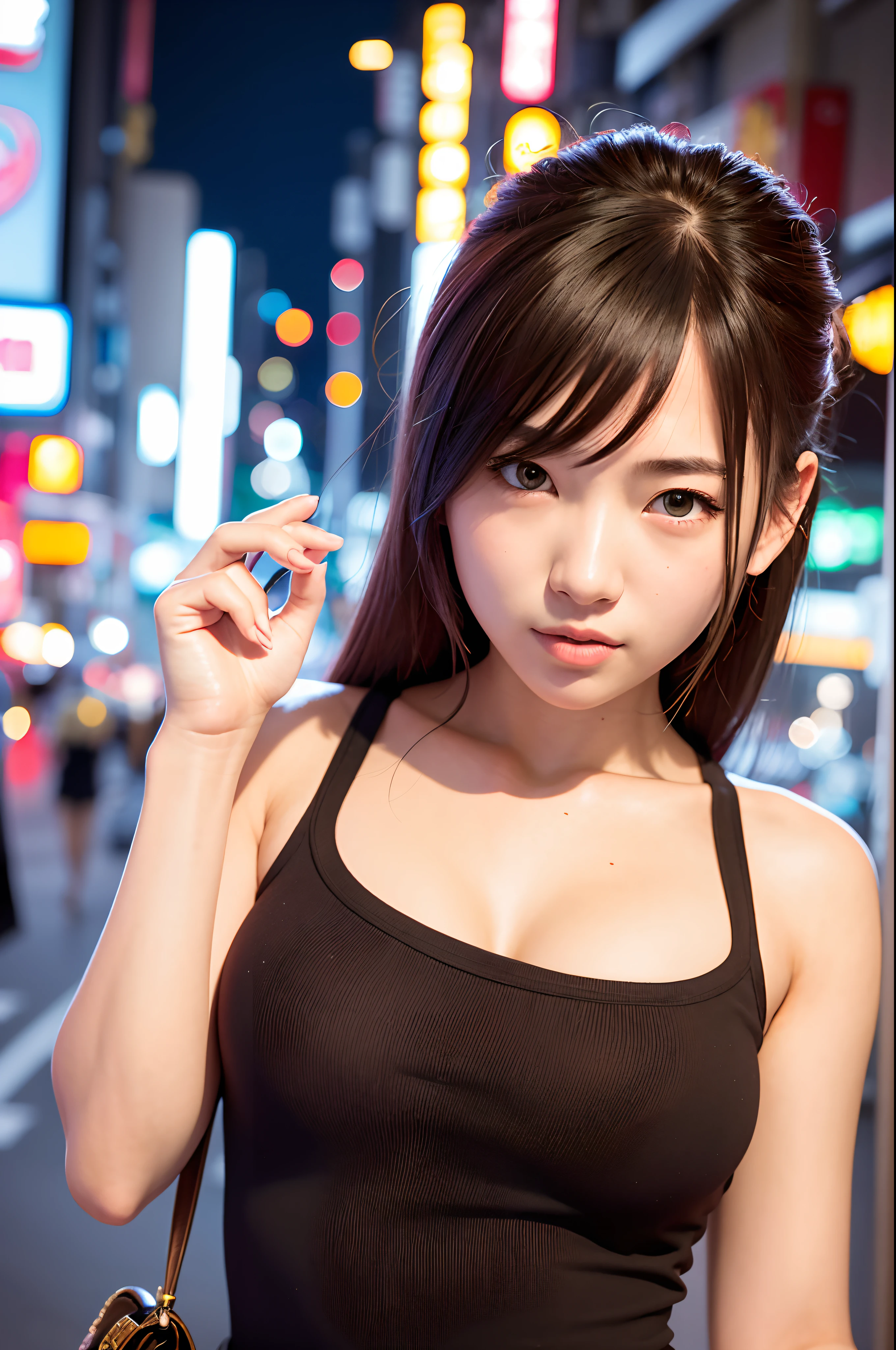 1girl, Tokyo street,night, cityscape,city lights, upper body,close-up, 8k, RAW photo, best quality, masterpiece,realistic, photo-realistic
