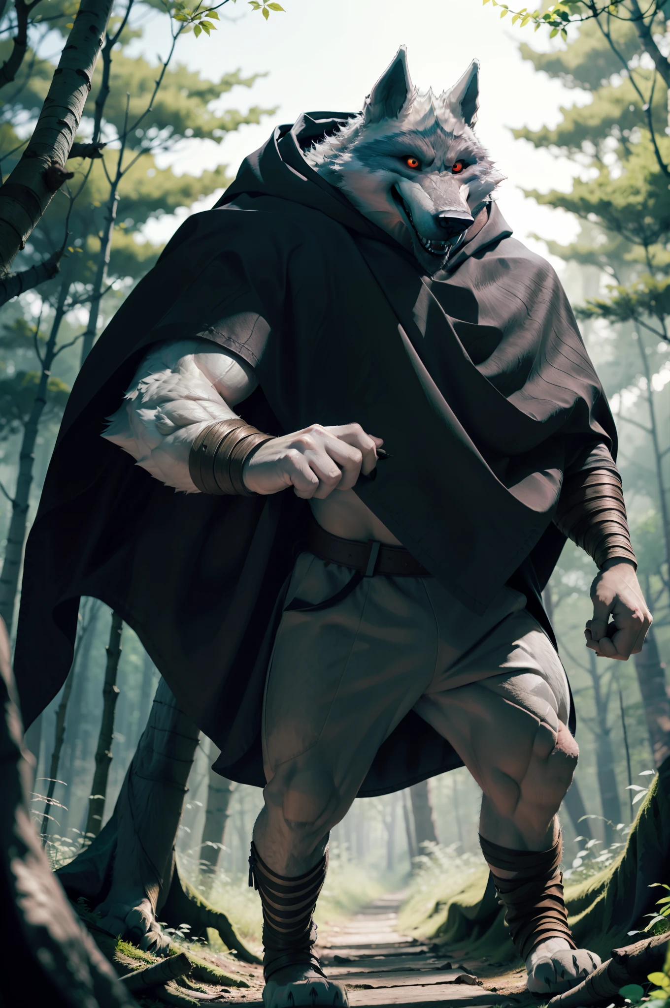 (muscular furry wolf in a mysterious forest:1.2, black cloak:1.1)