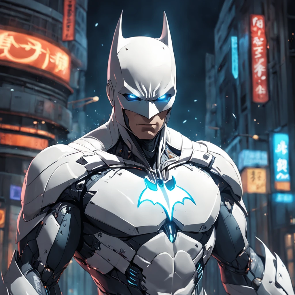 A realistic depiction of an advanced cybernetic suit wearing white Batman.
