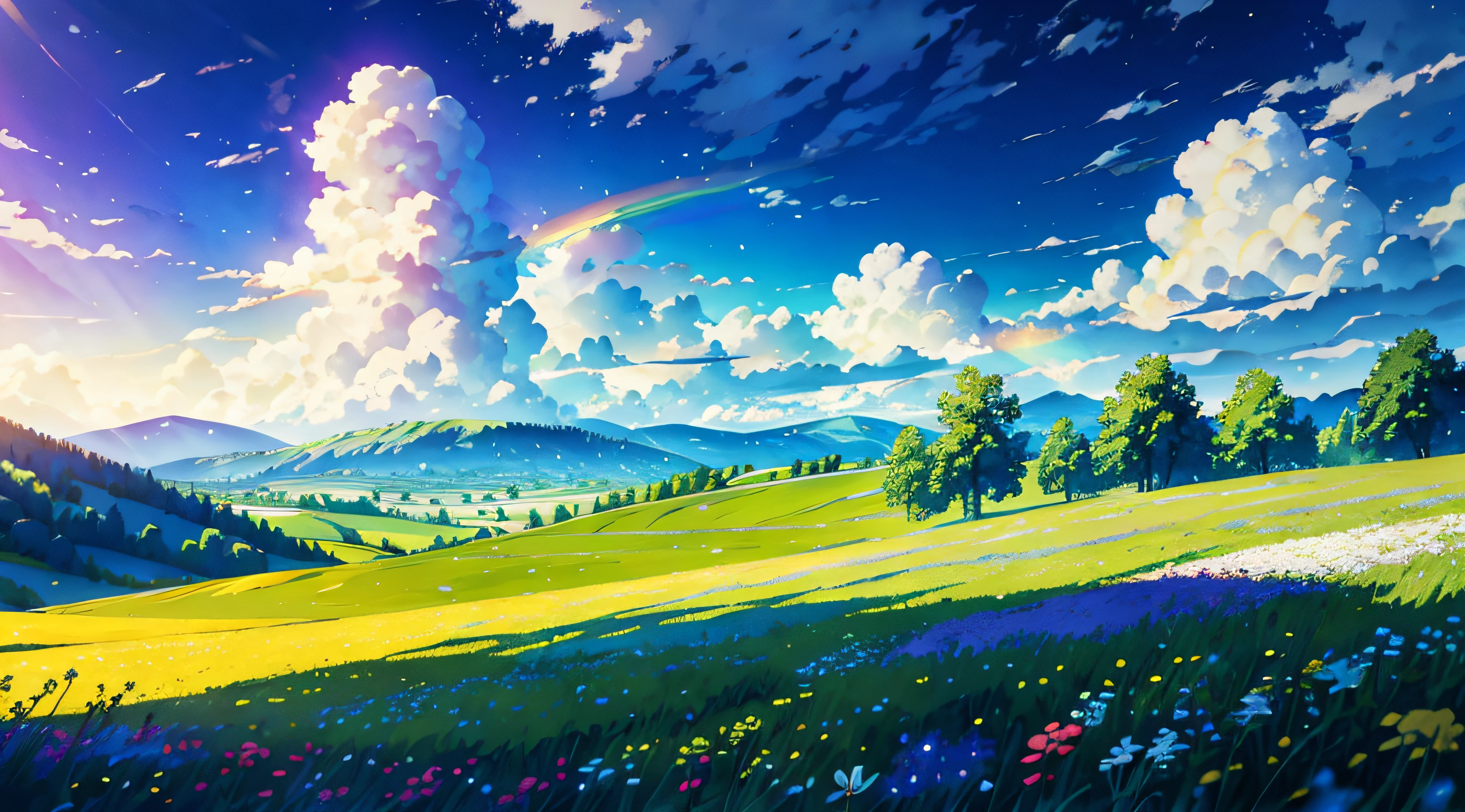 (from below, the sky above, open fields below), blue sky, white clouds, sun, sunlight, fields, mountains, trees, butterfly, meadows, flowers, wind, sunshine, (dynamic composition: 1.4), rich detail, rich in color, (rainbow colors: 1.2), (luminous, atmospheric lighting), dreamy, magical,