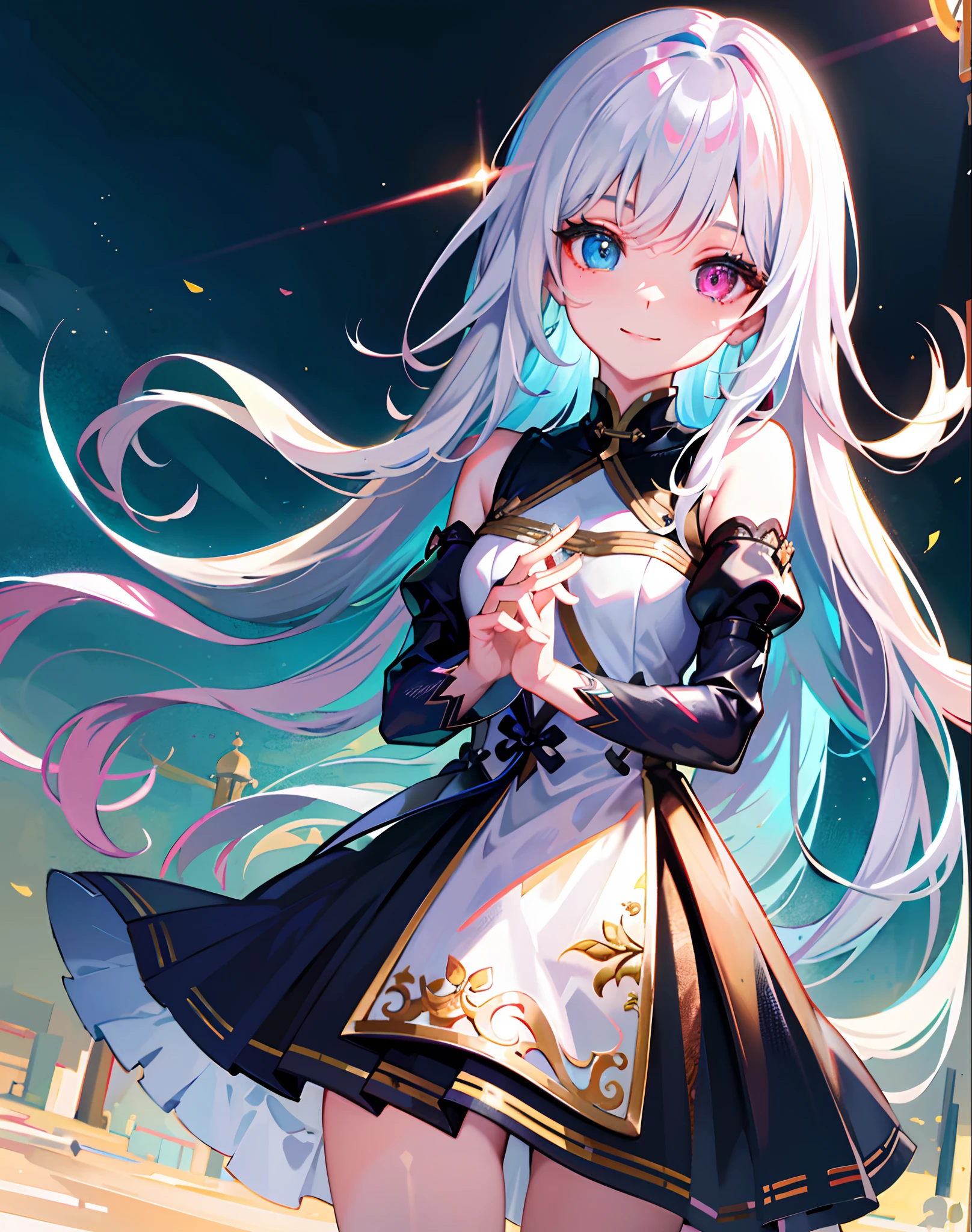 {{Masterpiece}}，Best quality at best，Very detailed CG unity 8K wallpaper，Sweet Chinese girl，电影灯光，lens flare glow，beatiful detailed eyes，Close-up，facial closeups，eye closeup，black in color，side looking，multicolour hair，Colorful light，particulate，Heterochromia，（a color：1.5），（The color hair:1.5),perfect bodies，Perfect face，fashionable attire，clothes see-through，There is light in the eyes，Colored shiny spots，Bright eyes，Smile sweetly，Blushlush