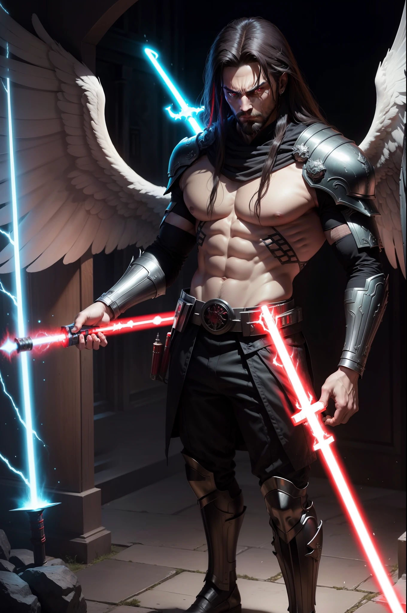 a photo of The Elden Lord (he is handsome, has 2 angel wings and looking angry and uses red lightsaber) fighting against zeus at the saturn and then the predator hiding from they because revenge