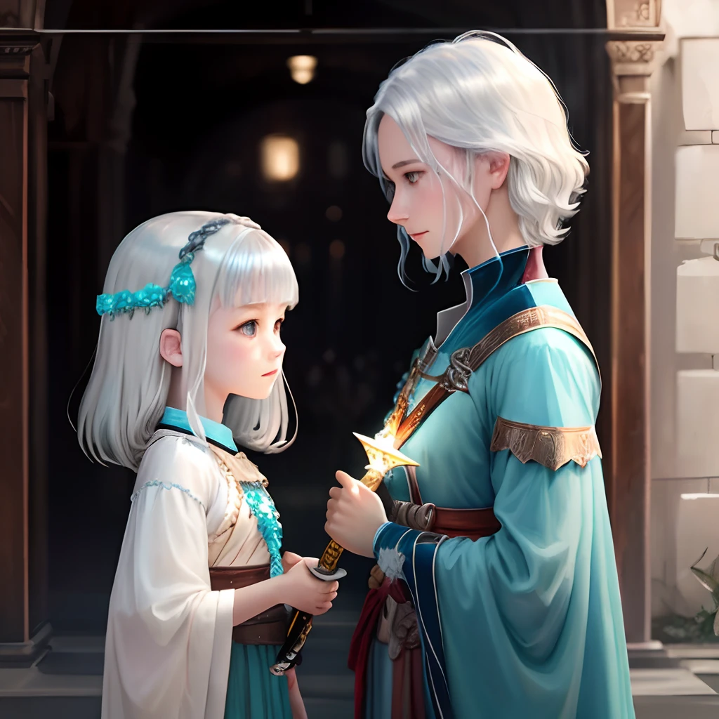 Silvery-white hair,Young girls,Cyan costume,holdingsword