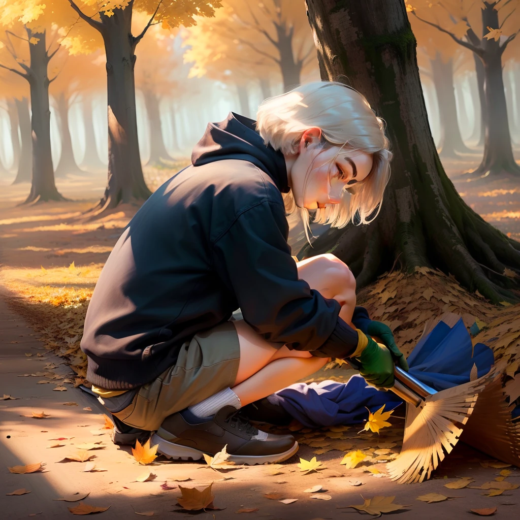 Mindful Leaf Raking, Time of Day: Early morning, Type of Camera: DSLR, Type of Film: N/A (Digital), Post Processing Techniques: Minimal adjustments, emphasizing natural colors and textures, Keywords: Hiro, massive pile of leaves, scattered, trust, raking, slow, deliberate movements, mind wandering, daydreaming, Zen master, observing, distance, soft voice, focus, task at hand, attention, mindfulness.
