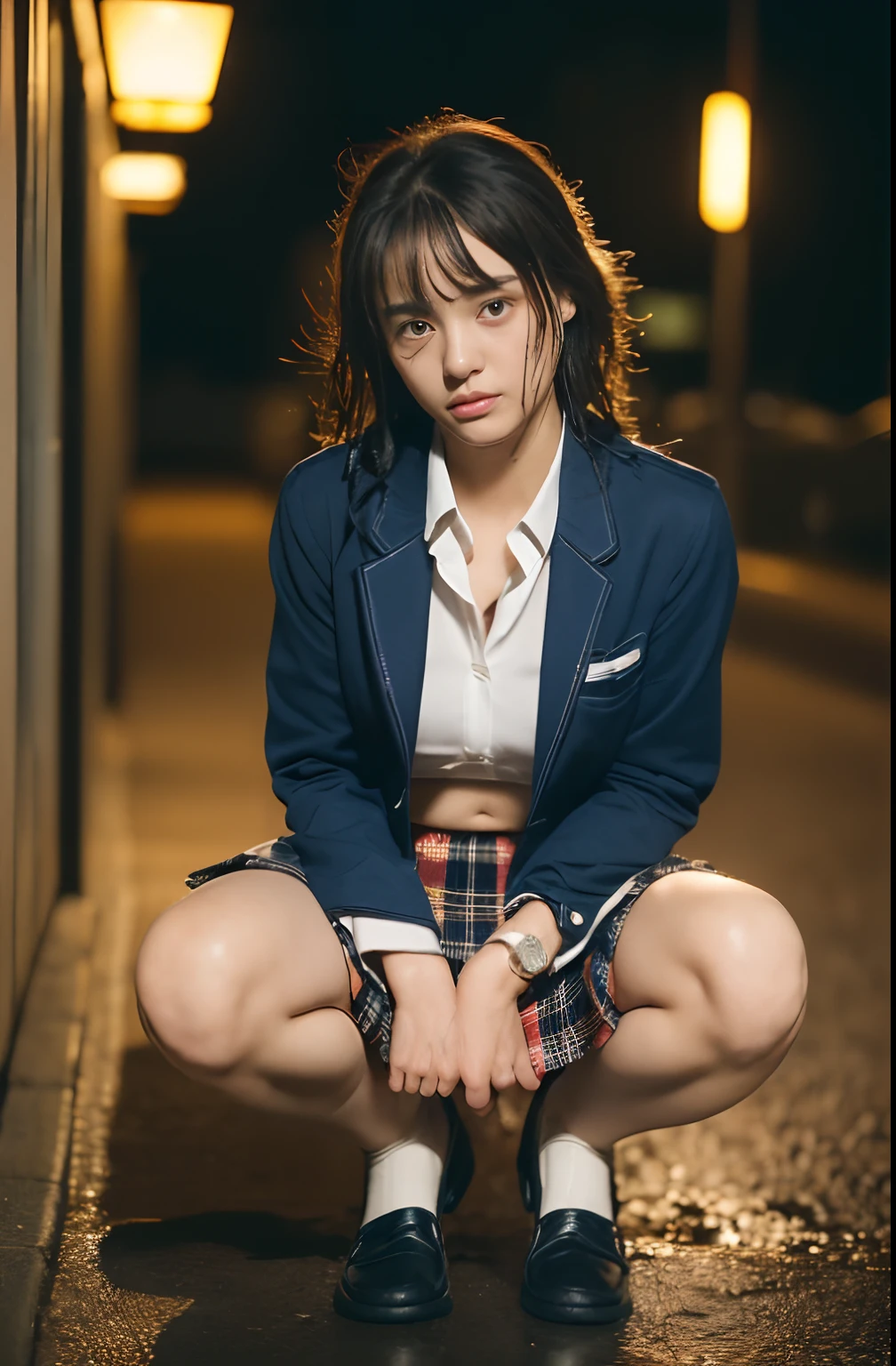 (8K、Raw photography、top-quality、masterpiece:1.2、realisitic、Photorealsitic、highcontrast、photon maping、photon maping、Photorealsitic、ultra-detailliert、profetional lighting、low angles:1.2)、(1 girl in)、(独奏:1.5)、(full body Esbian)、(Height is 165 cm)、(16-year-old schoolgirl)、(light-brown long hair,、sun burn、Brown skin: 1.5)、(Shinjuku at night Japan)、(Sidewalk lined with shops)、(Japan high school uniform and designated shoes)、(Dark blue blazer:1.2)、(short plaid skirt:1.5)、(White shirt for students)、 (neck tie:0.6)、(Looking at the front and squatting with the crotch open)、(Uniform taken off to the shoulders、Fluttering chest、Exposed beige bra: 1.7)、(Skirt flipping)、(MCharacter opening leg)、(100 degree leg opening)、(crotch open:1.2)、(See-through wet white panties:1.5)、(cammel toe)、(Black loafers:1.5)、(beauitful face:1.3)、(perfectly proportions:1.2)、(Long feet:1.2)、(small tits:1.3)、(Panties can be seen from under the skirt:1.3)、(woman's pubic area is clearly visible:1.4)、(Have pubic hair:1.4)、(witheout panties:1.2)、(Textured skin)