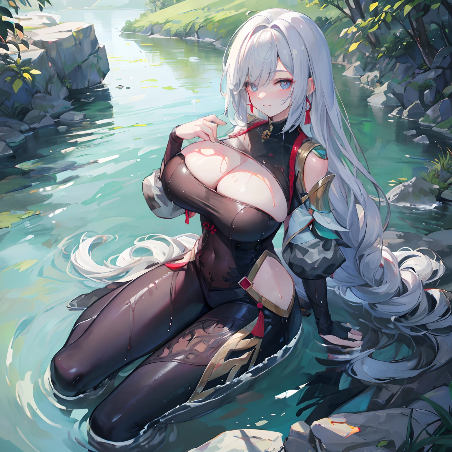 full body, seductive look, blush, outdoors, looking at viewer, lake, moody lighting, (perfect detail eyes:1.2), glowing eyes, shiny skin, smile, (long hair one braid:1.2), (huge breasts), laying in water, (Masterpiece, Best Quality, High Quality:1.4), professional artwork, Intricate Details, field of view, sharp focus, wet