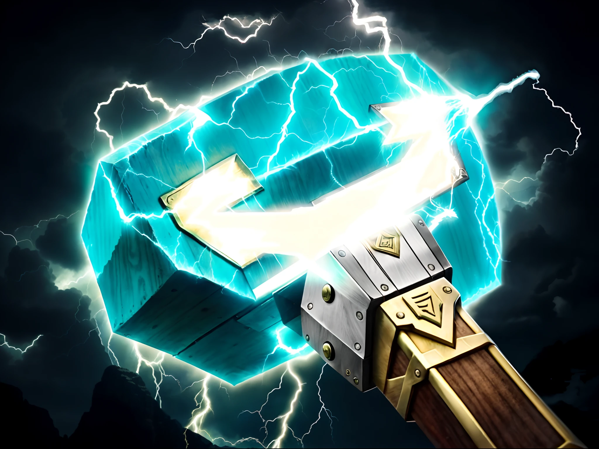 , Mjolnir, Explosive lightning spell, Thor's hammer, Electric hammer, The weapon of Zeus, Lightning, Electric hammer with wooden handle, Brass hammer handle, The front end has the handle of a blue metal electric hammer, The hammer is under lightning