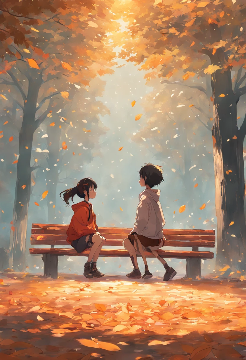 In autumn, trees and fallen leaves, a girl wearing a ponytail and casual attire sat on a bench, and a boy wearing casual attire walked towards her