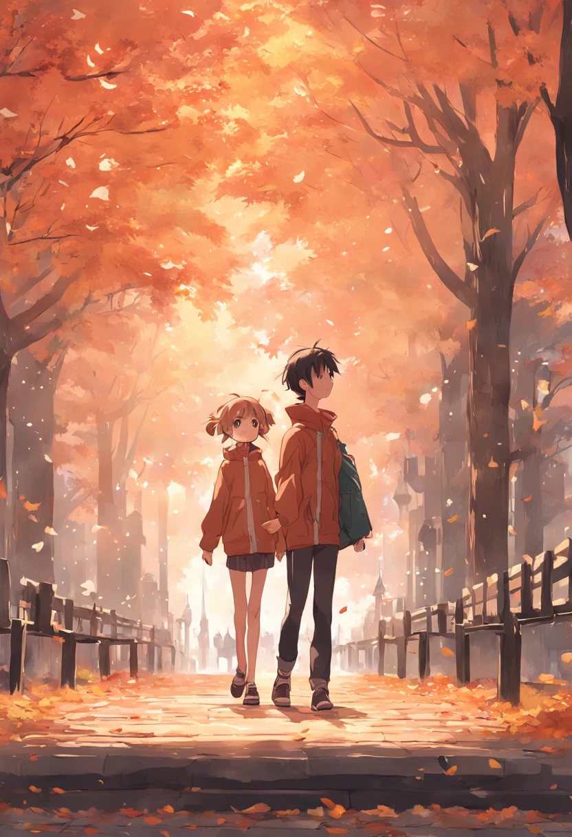 In autumn, trees and fallen leaves, a girl wearing a ponytail and casual attire sat on a bench, and a boy wearing casual attire walked towards her