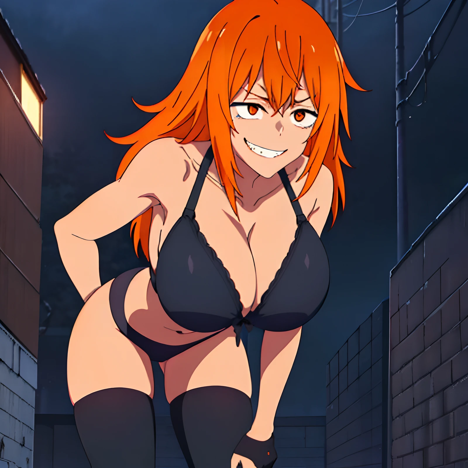 1girl, solo,(standing and leaning forward a little), black bra, black panties, ((huge breasts)) , city_alley,  masterpiece, underwear, professional artwork, famous artwork, perfect face, orange hair, (orange eyes:1), beautiful face, evil smile, ((perfect female body, narrow waist)), background rain at night ,