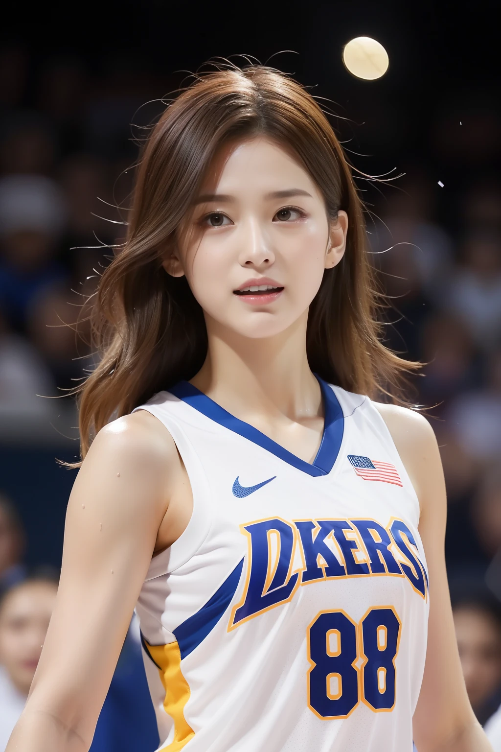 ((Top Quality, 8k, Masterpiece: 1.3)), Perfect Body Beauty: 1.4, large_breasts, Beautiful Woman, 1 Woman, Big:1.4, (random color Basketball Uniform: 1.2, Wet Body), Toned Abs, Dark Brown Hair, Ultra Detailed Face, Detailed Lips, Detailed Eyes, Double Eyelids, Sit on the ground, crotch open, seducing with sexual expression, BREAK Inside the Stadium, asketballstadium, asketball field, Blur background, audience gets excited, Confetti flies,