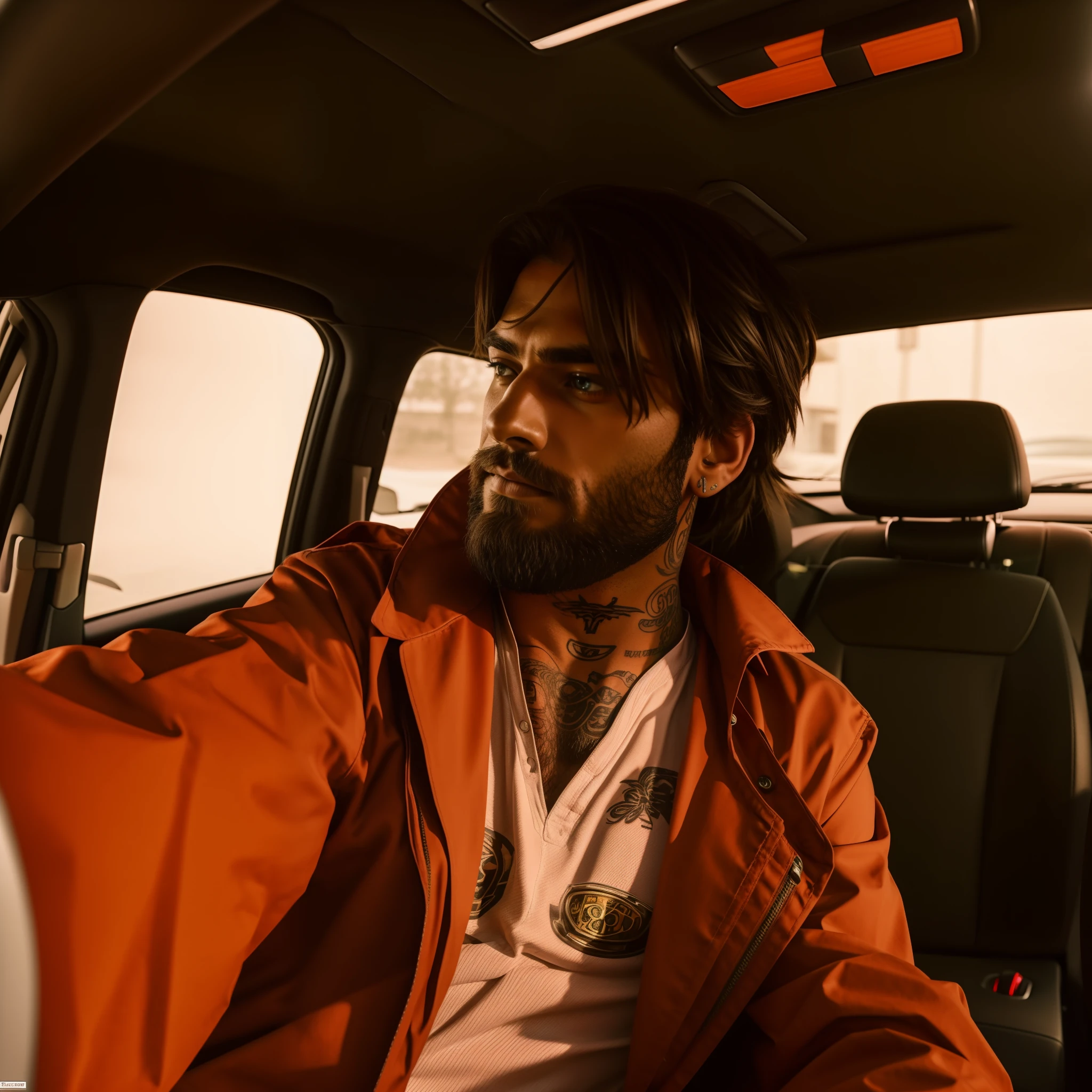 Selfie, homem em seu carro, Toyota RAV4, nice straight hair, neck tattoo, barba grande, Handsome.