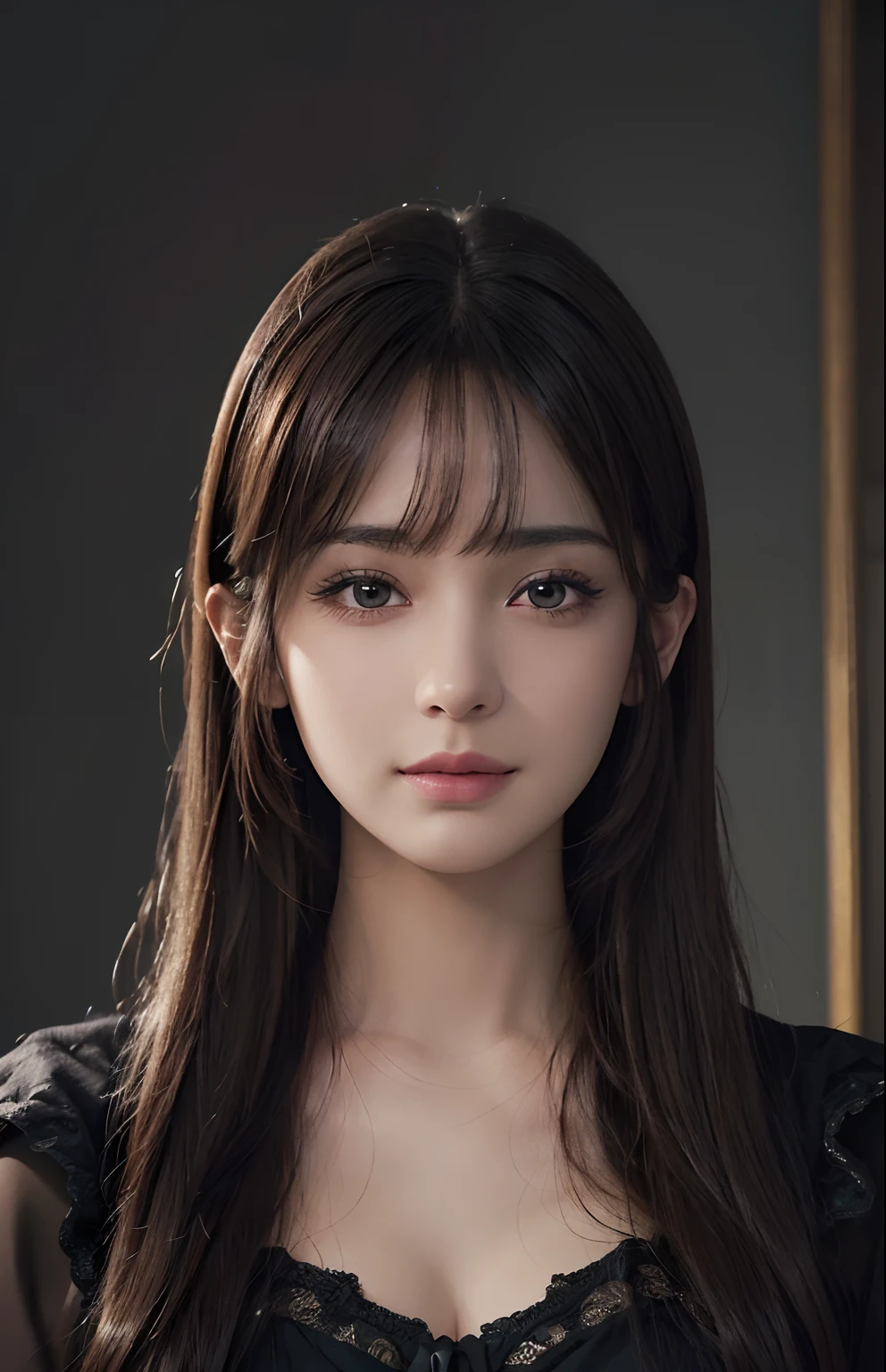 (Ultra Realistic), (Illustration), (Increased Resolution), (8K), (Extremely Detailed), (Best Illustration), (Beautiful and Detailed Eyes), (Best Quality), (Ultra Detailed), (Masterpiece ), ( wallpaper), (detailed face), solo, 1 girl, looking at viewer, fine details, detailed face, in the dark, deep shadows, low key, pureerosfaceace_v1, smiling, long hair, black shawl straight hair , 46 points oblique bangs