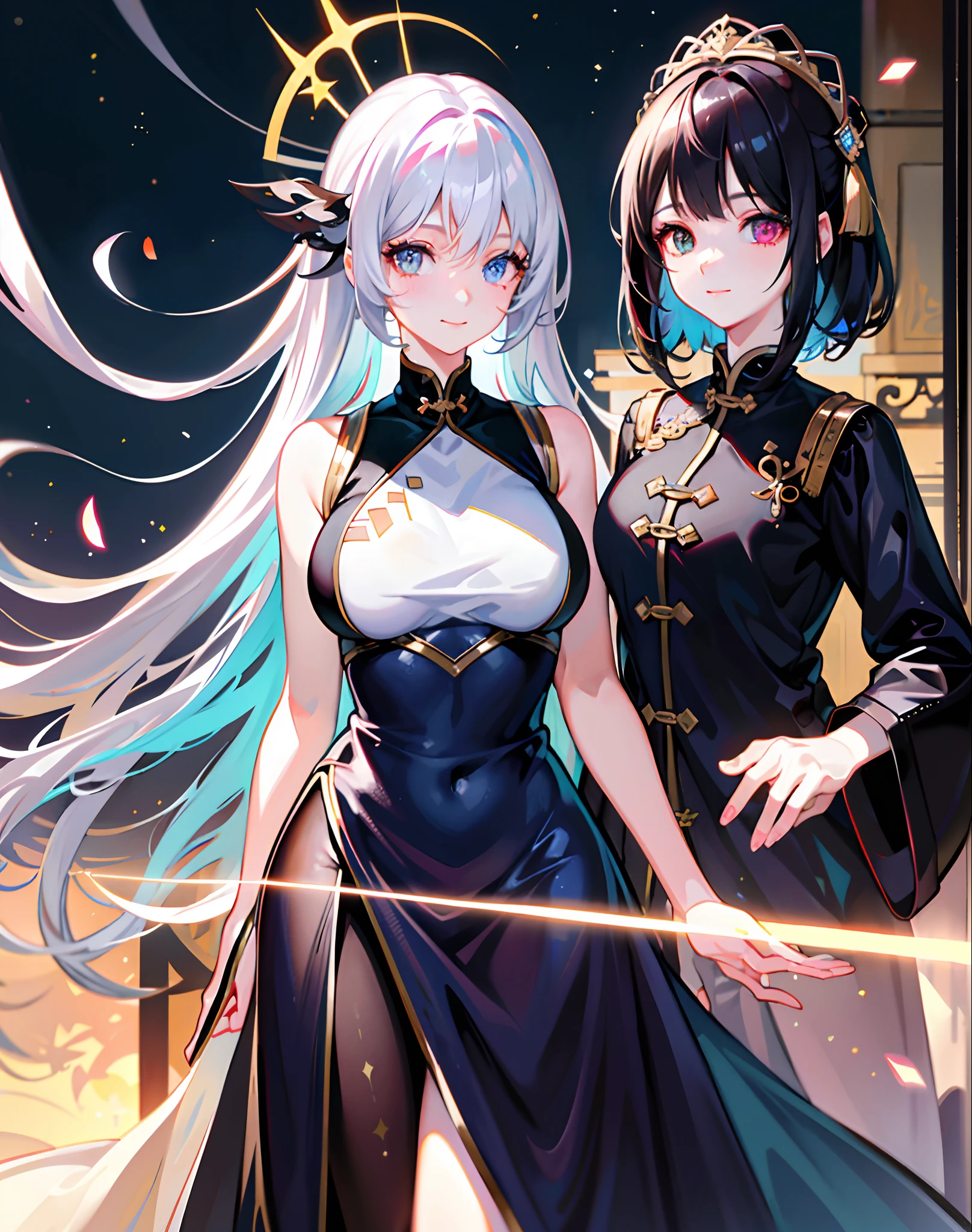 {{Masterpiece}}，Best quality at best，Very detailed CG unity 8K wallpaper，Sweet Chinese girl，电影灯光，lens flare glow，beatiful detailed eyes，Close-up，facial closeups，eye closeup，black in color，side looking，multicolour hair，Colorful light，particulate，Heterochromia，（a color：1.5），（The color hair:1.5),perfect bodies，Perfect face，fashionable attire，clothes see-through，There is light in the eyes，Colored shiny spots，Bright eyes，Smile sweetly，Blushlush