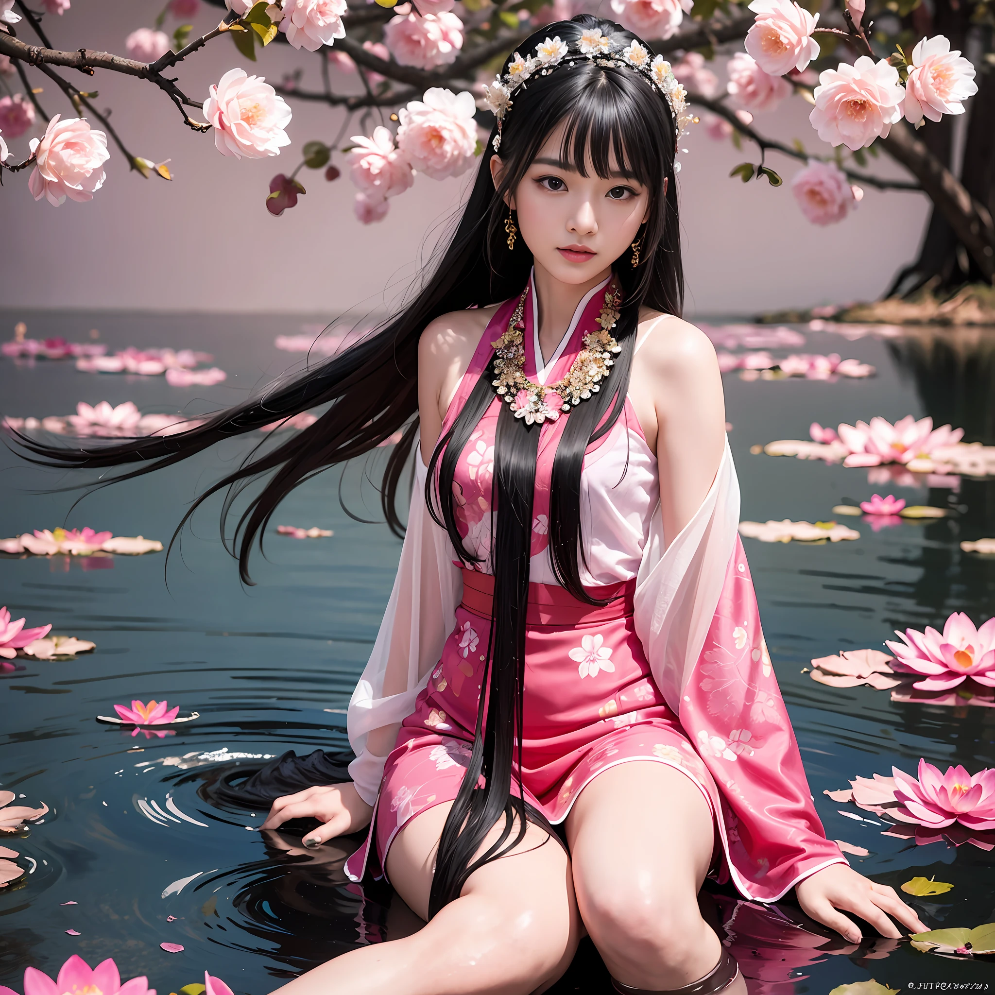 32K(tmasterpiece,k hd,hyper HD,32K)Long flowing black hair,ponds,zydink, a color, Asian people (Silly girl), (Silk scarf), Combat posture, looking at the ground, long whitr hair, Floating hair, Carp pattern headdress, Chinese long-sleeved clothing, (abstract ink splash:1.2), Pink petal background,Pink and white lotus flowers fly(realisticlying:1.4),Black color hair,Fallen leaves flutter,The background is pure, A high resolution, the detail, RAW photogr, Sharp Re, Nikon D850 Film Stock Photo by Jefferies Lee 4 Kodak Portra 400 Camera F1.6 shots, Rich colors, ultra-realistic vivid textures, Dramatic lighting, Unreal Engine Art Station Trend, cinestir 800,Long flowing black hair