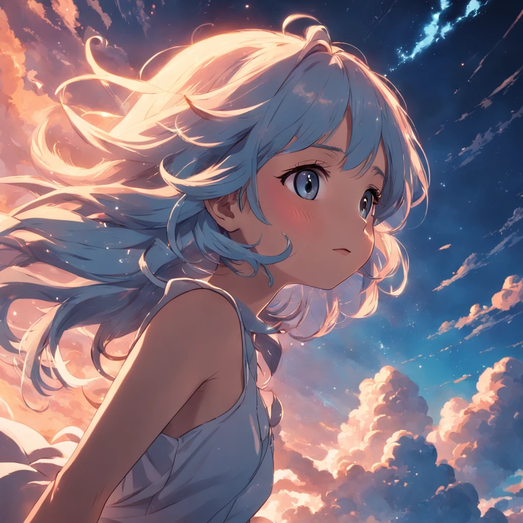 masterpiece, best quality, movie still, 1girl, cloud girl, floating in the sky, close-up, bright, happy, warm soft lighting, sunset, (sparks:0.7)